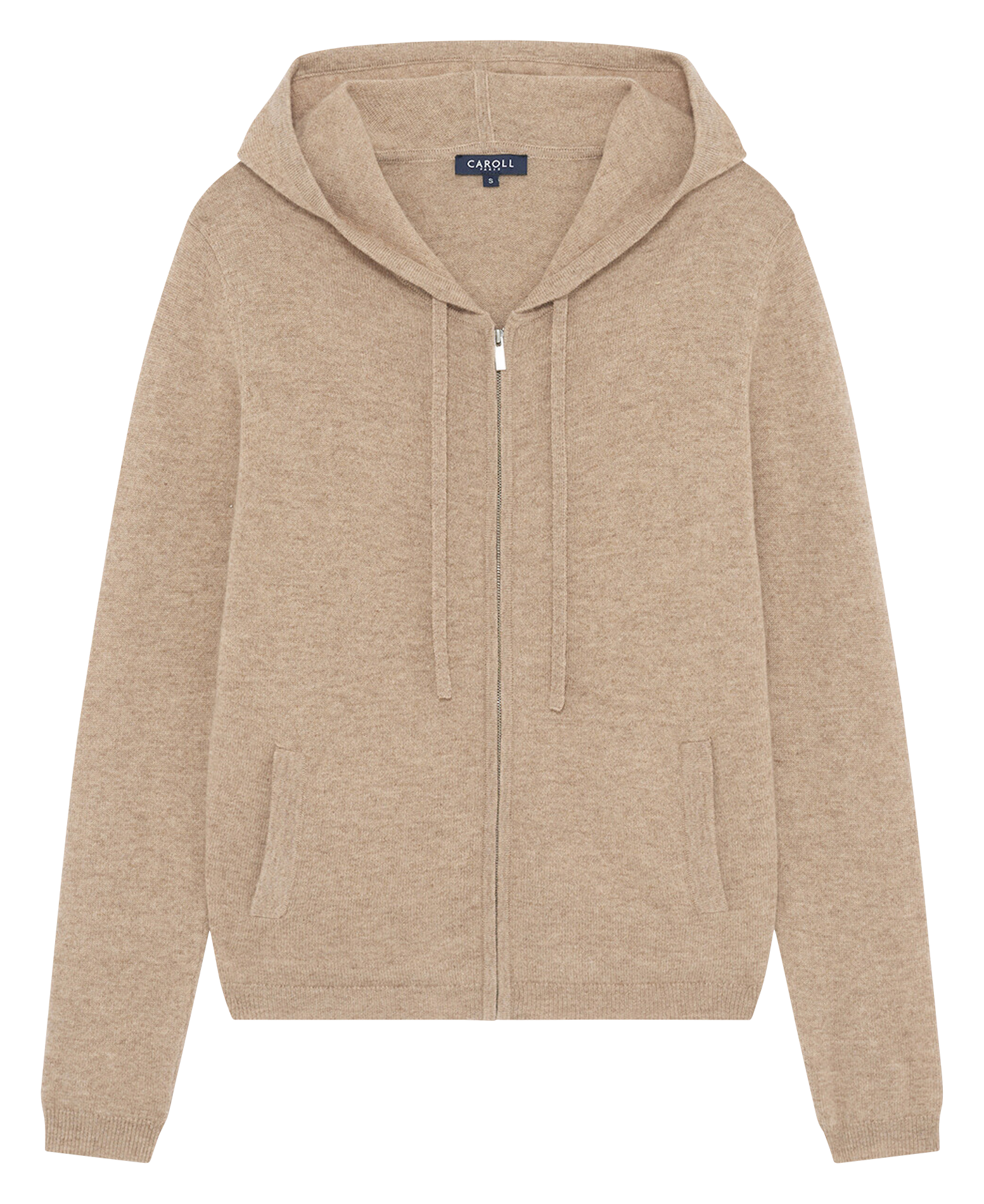 Straight wool and cashmere hooded cardigan CAROLL Brown