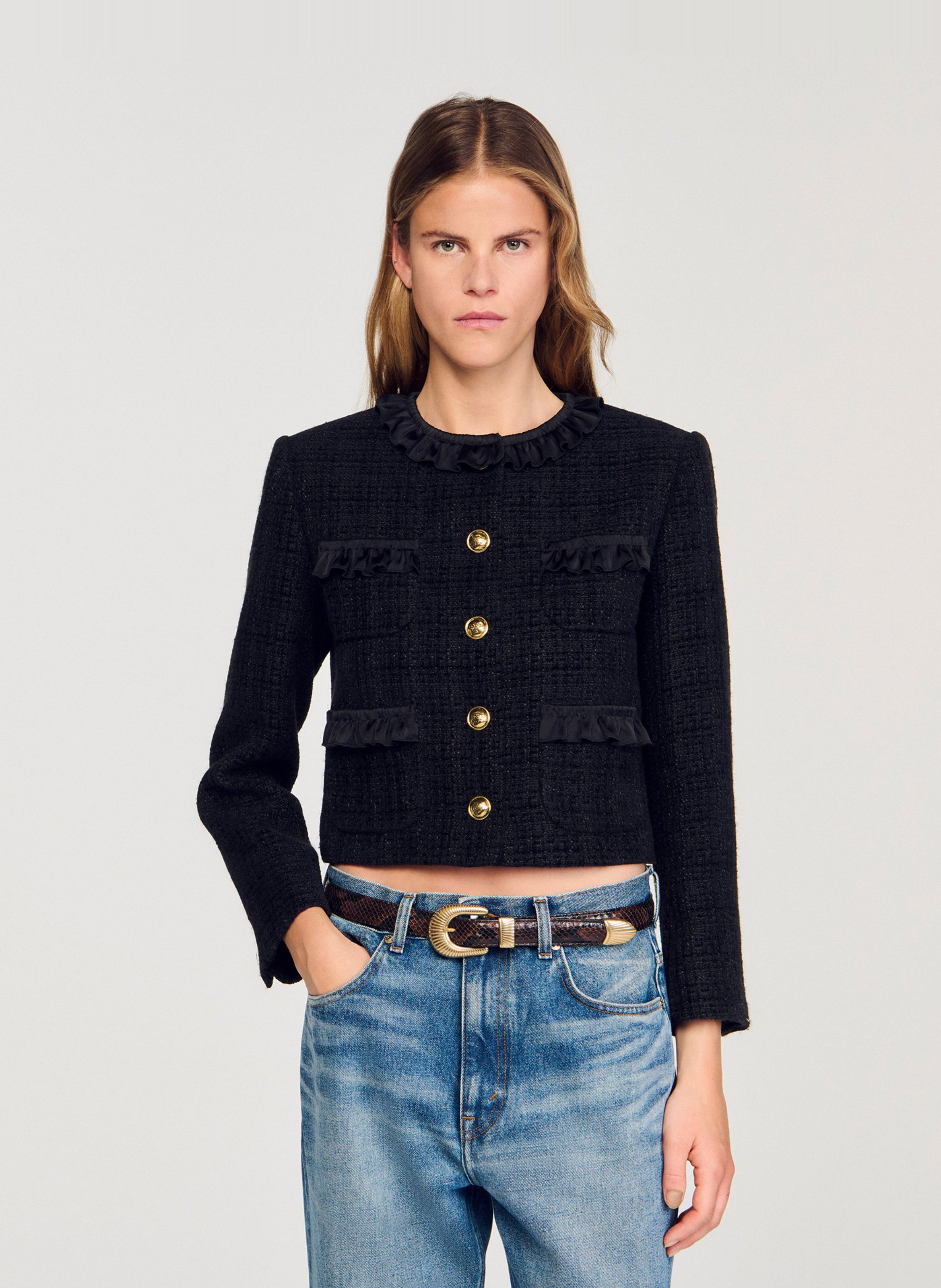 Veste en tweed col rond  SANDRO Noir