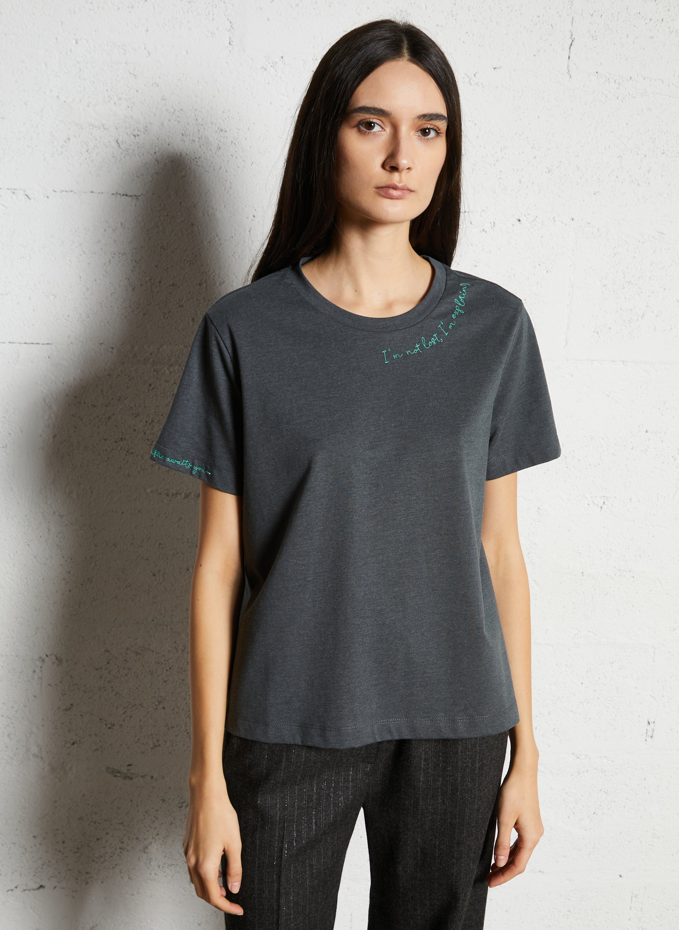 Tee-shirt droit col rond à détails brodés VILA Gris