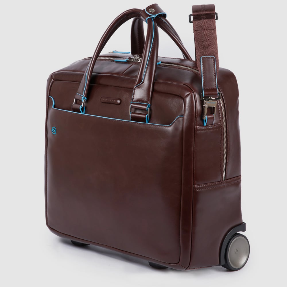 Leather rolling briefcase for computer and iPad® Pro 12.9" with TSA lock and shoulder strap PIQUADRO Brown