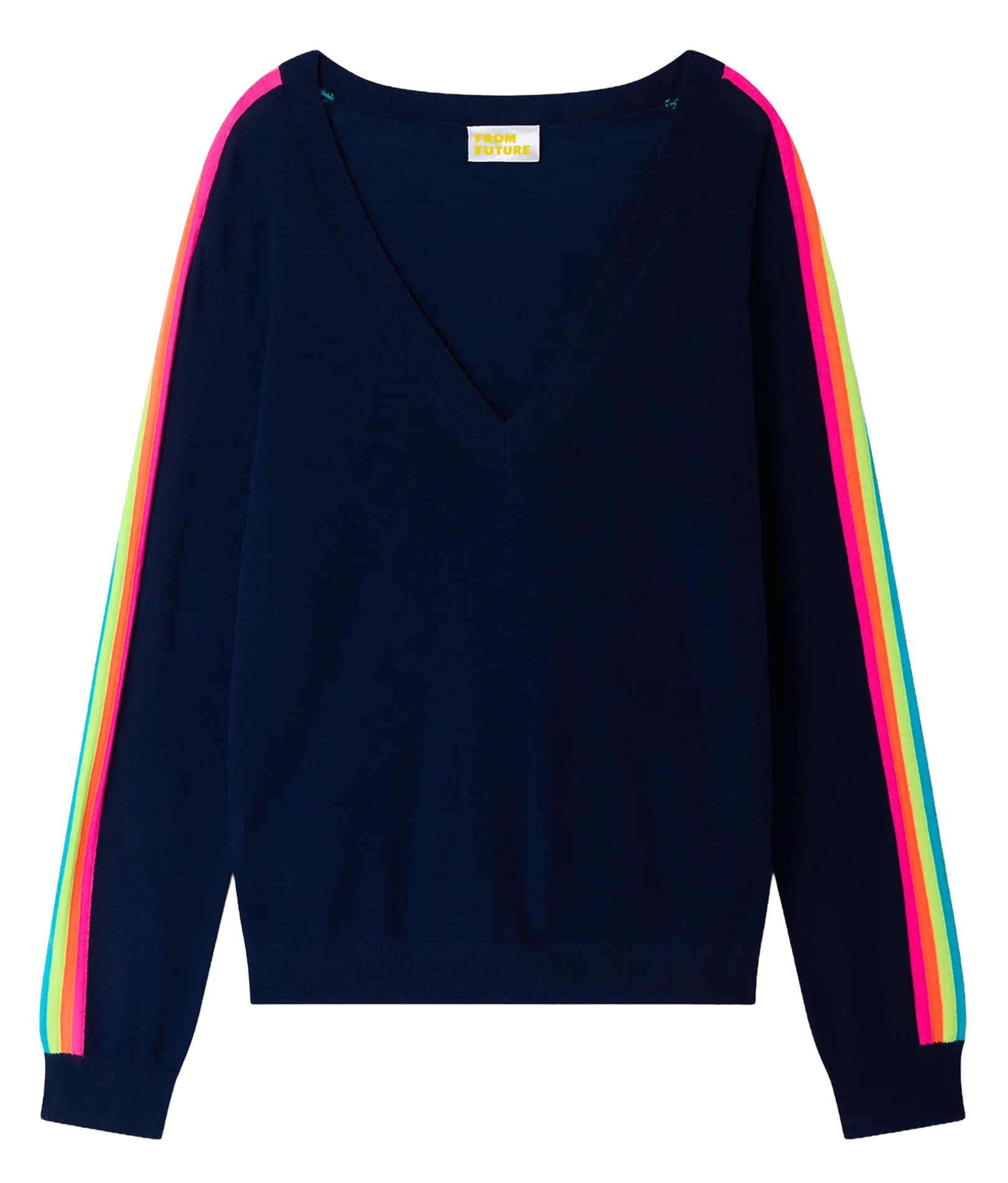 Pullover mit V-Ausschnitt und gestreiften Ärmeln aus Wolle FROM FUTURE Blau