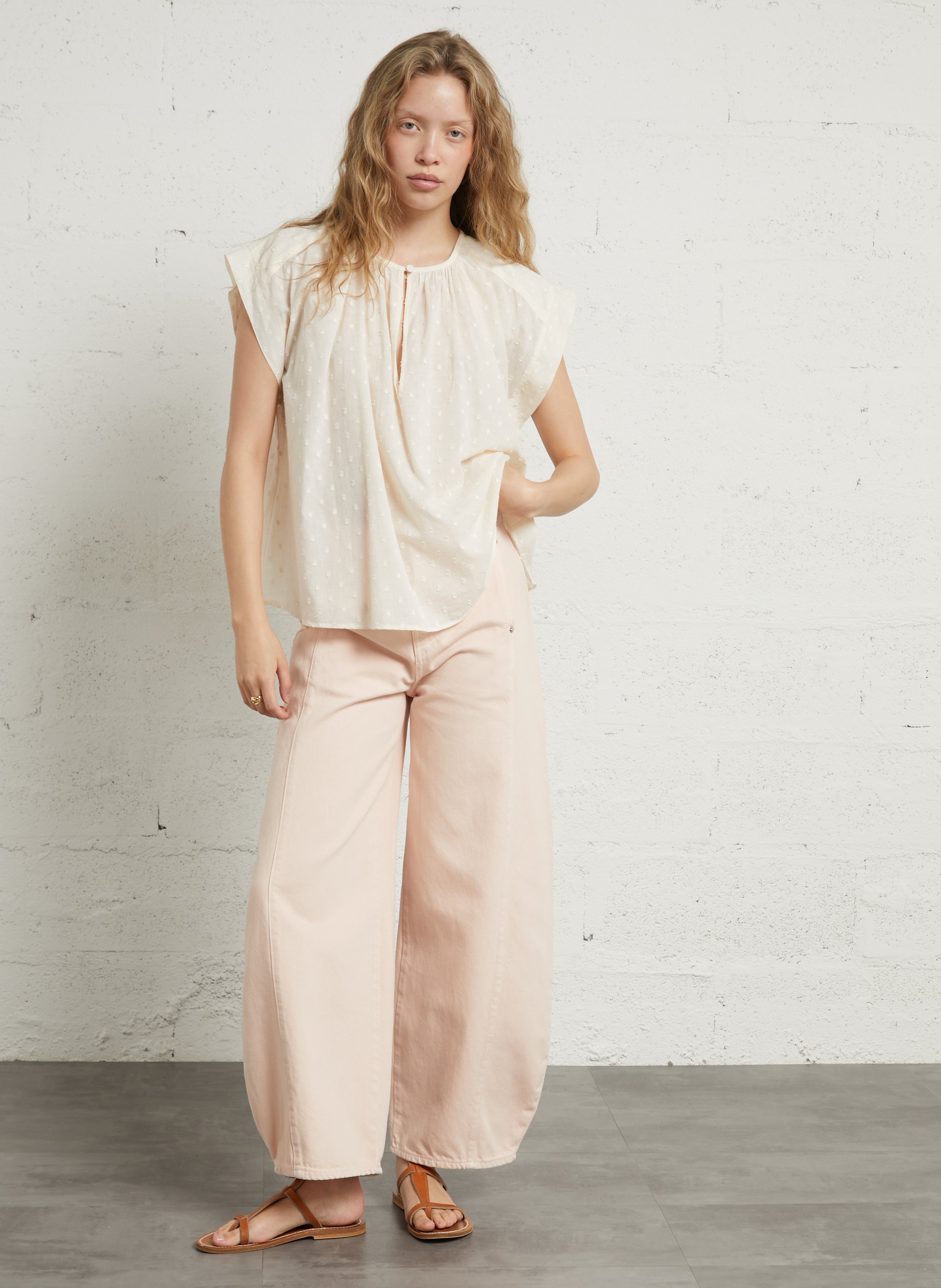 Weit geschnittenes Baumwoll-Top mit Rundhalsausschnitt BELLEPIECE Beige