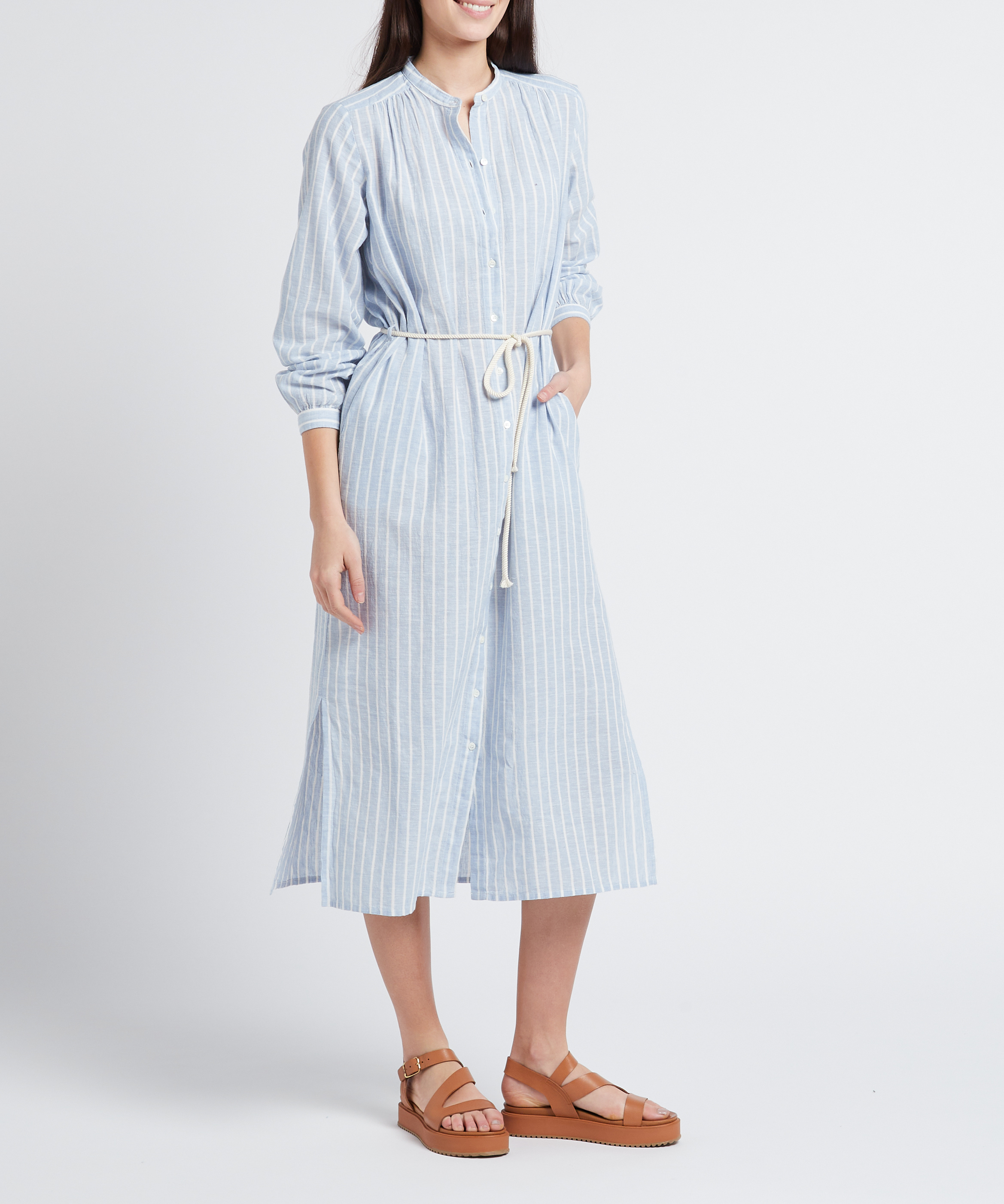 Long buttoned striped cotton and linen dress HARTFORD Blue