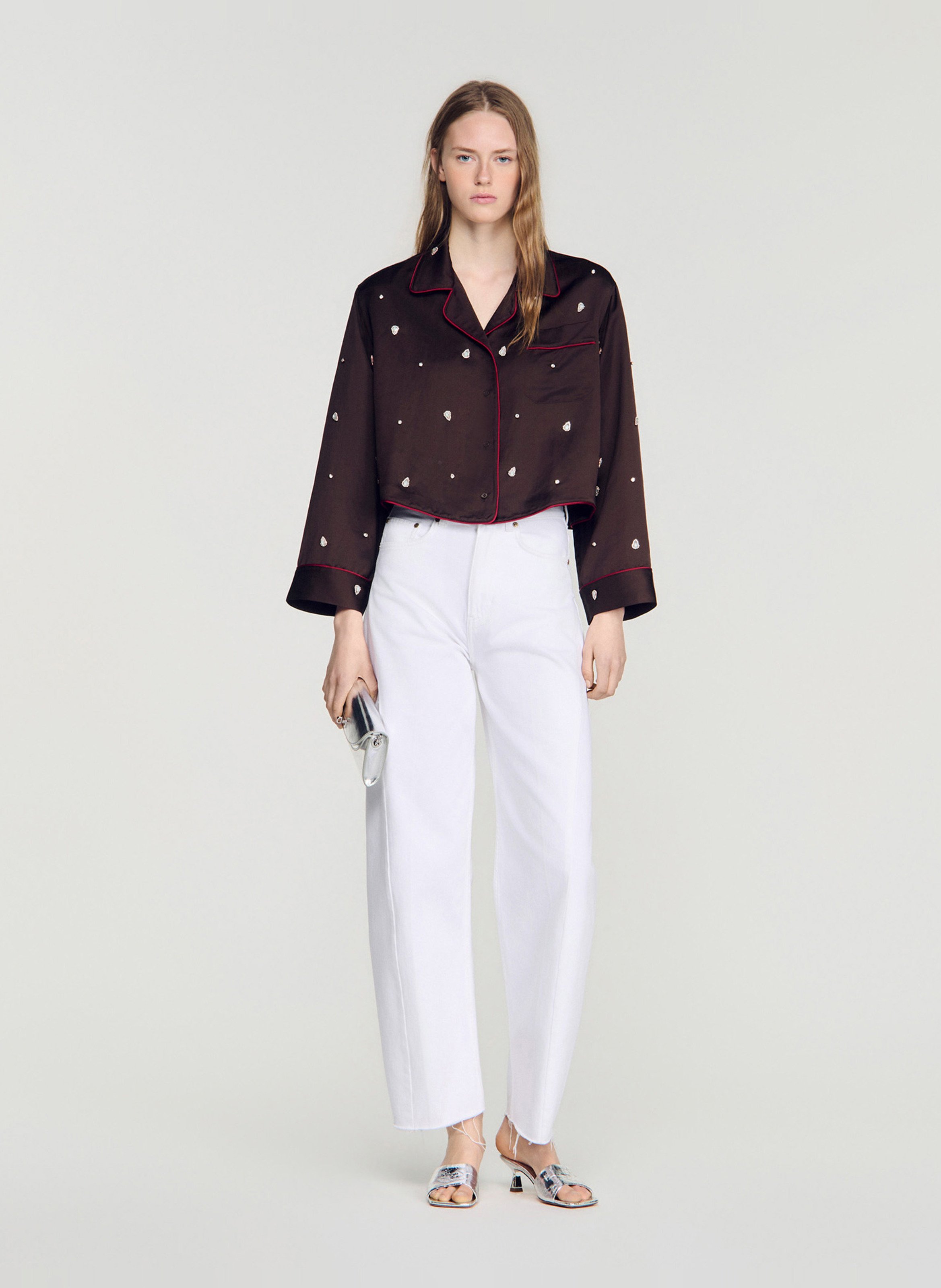 Chemise brodée satinée SANDRO Marron