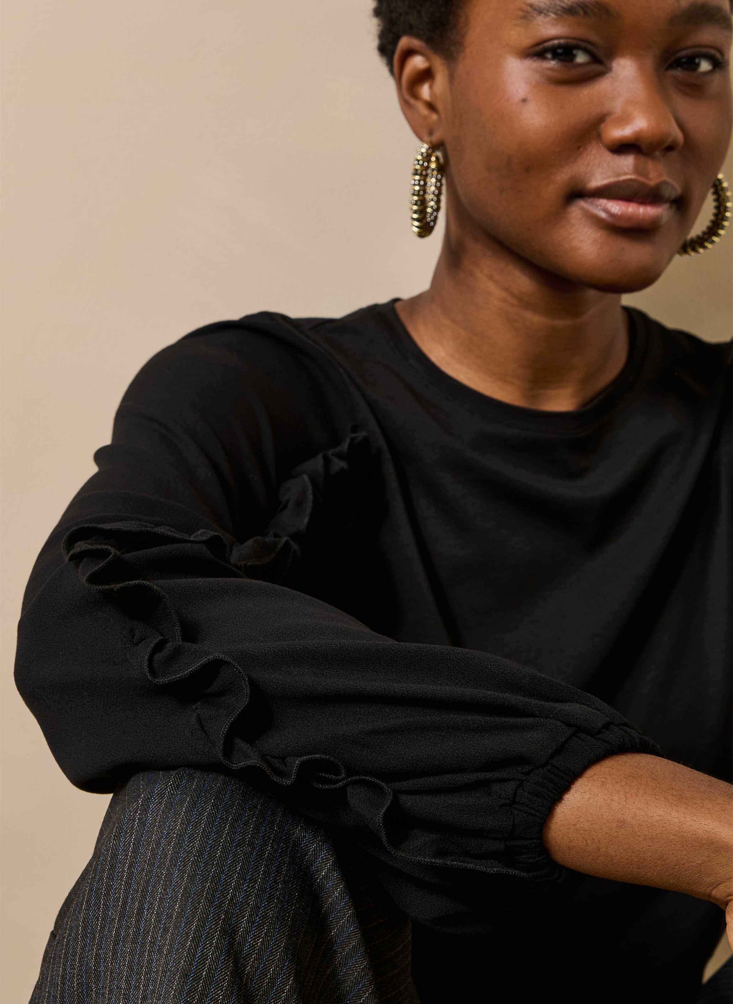 Round neck top with ruffles in two materials LA FEE MARABOUTEE Black
