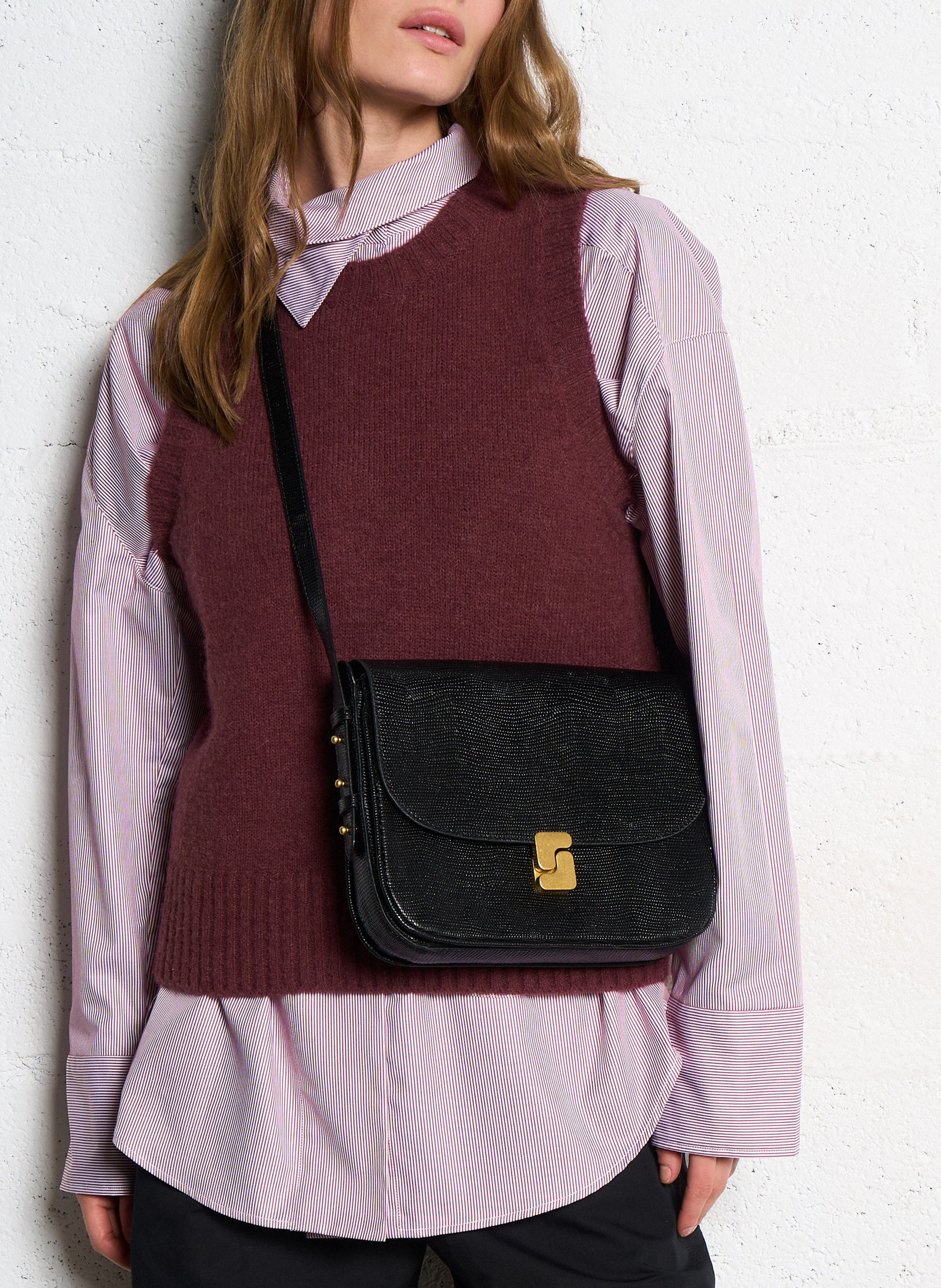 Lizard embossed leather shoulder bag SOEUR Black