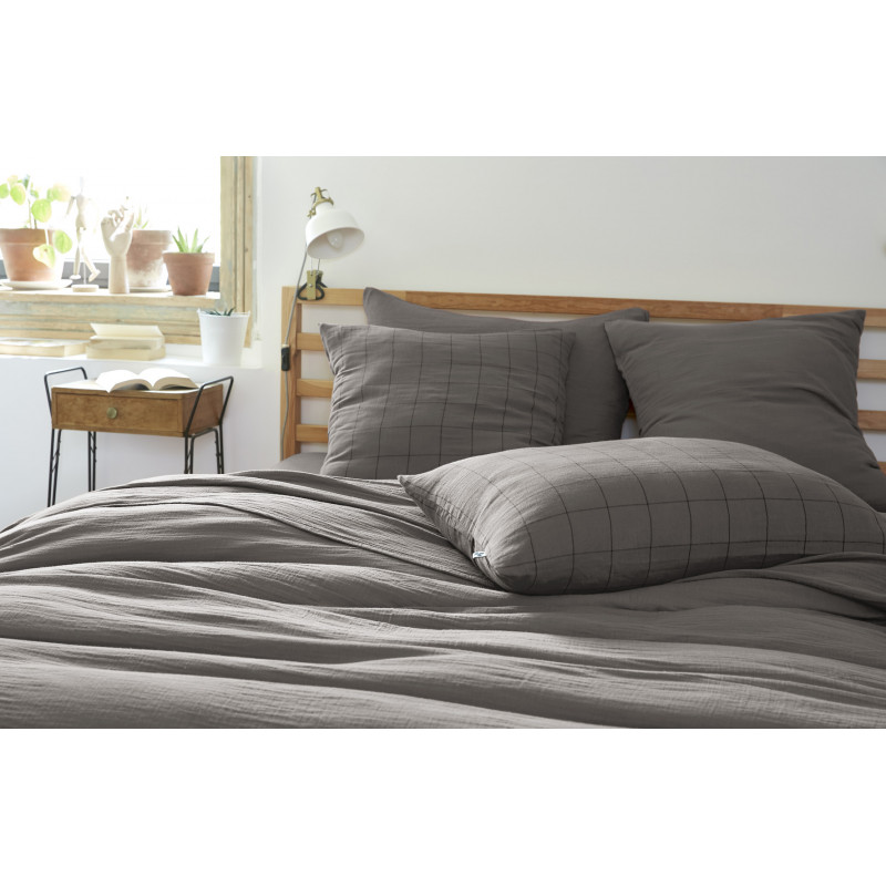 Cotton percale pillow case L'EFFET PAPILLON Grey