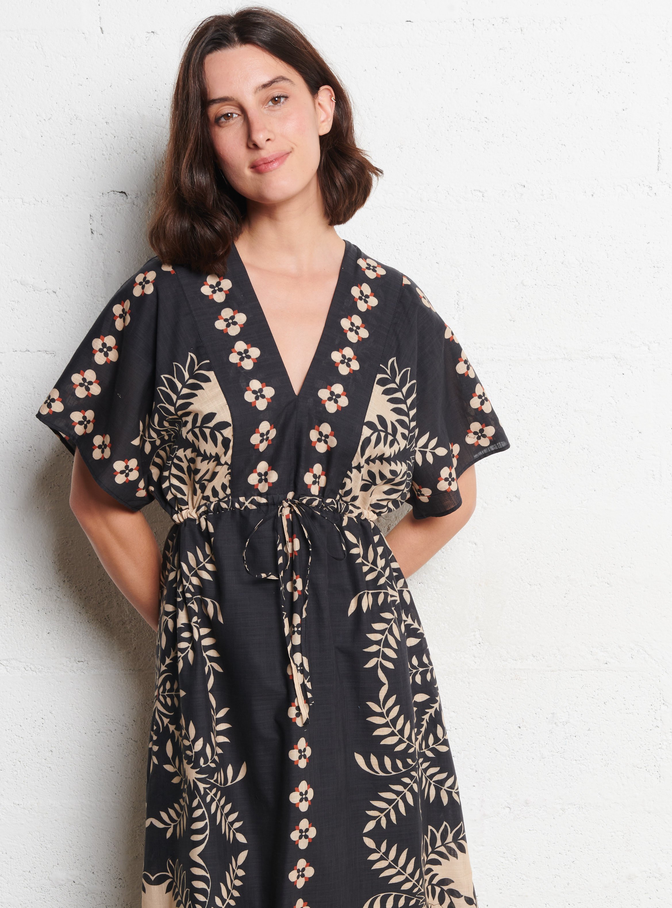 Robe midi cintrée à motif en coton SUD EXPRESS Noir