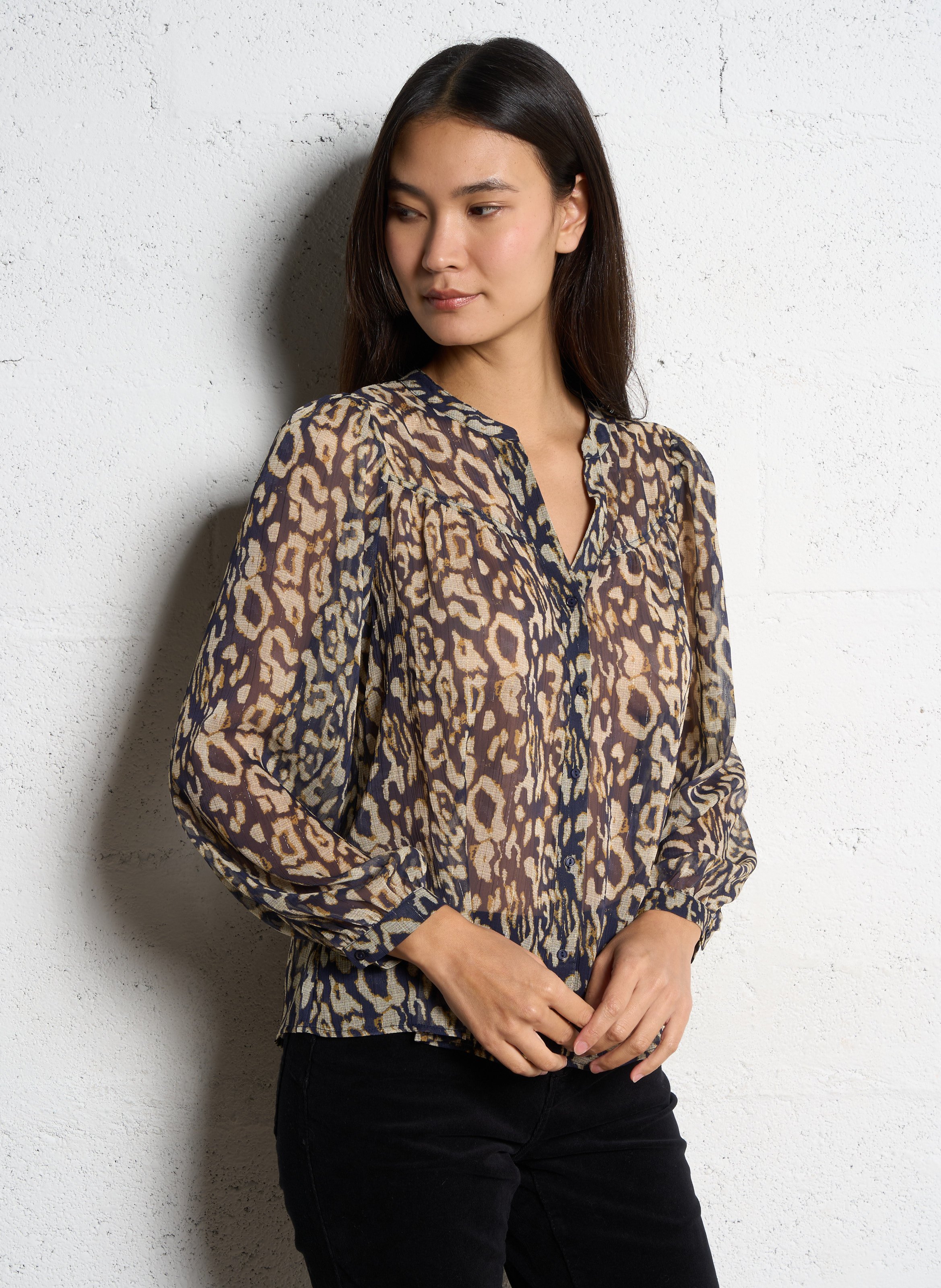 Blouse col tunisien imprimée léopard SUD EXPRESS Bleu