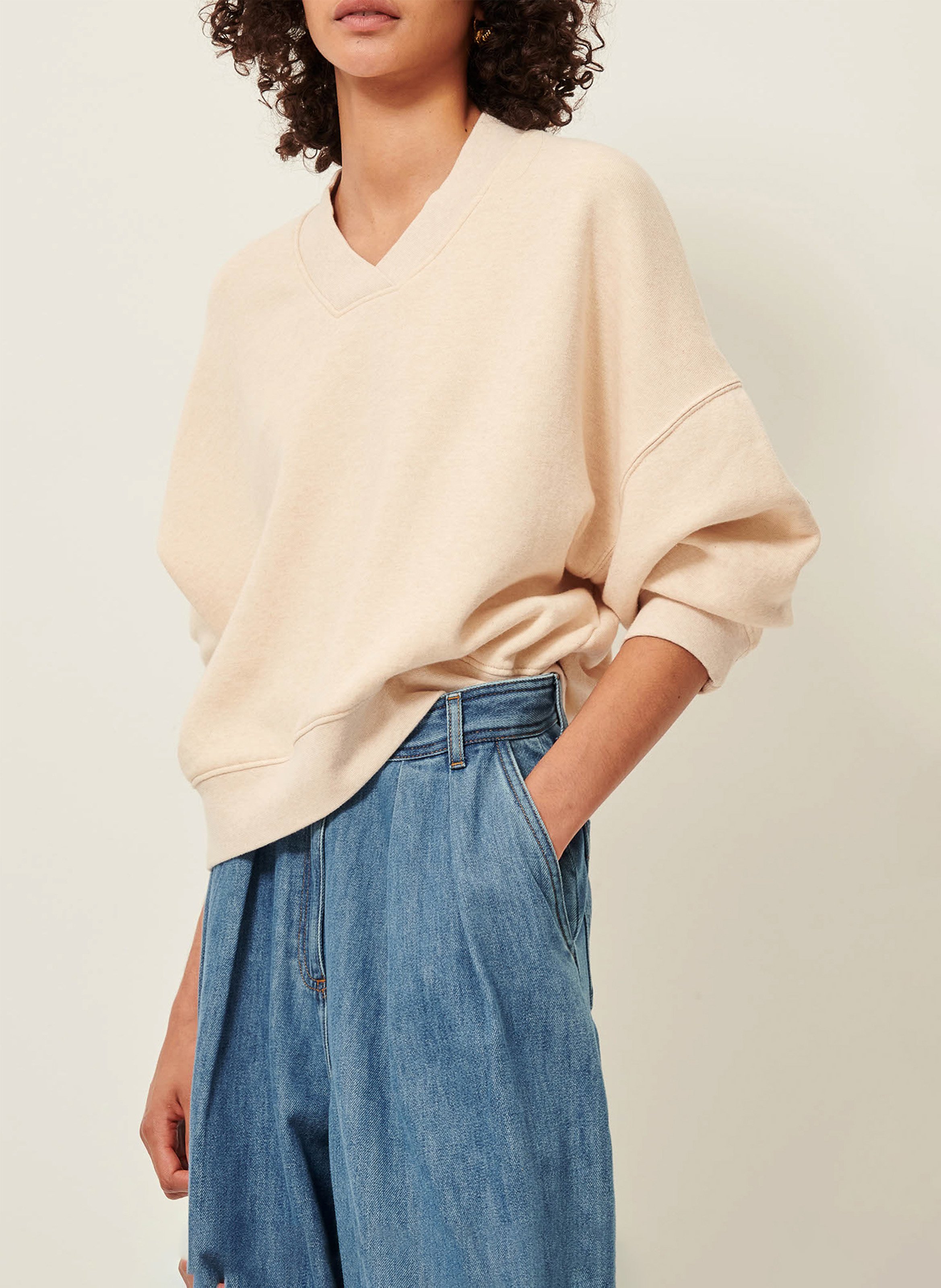 Oversize V-Ausschnitt Sweatshirt aus Baumwollmischung SESSUN Beige