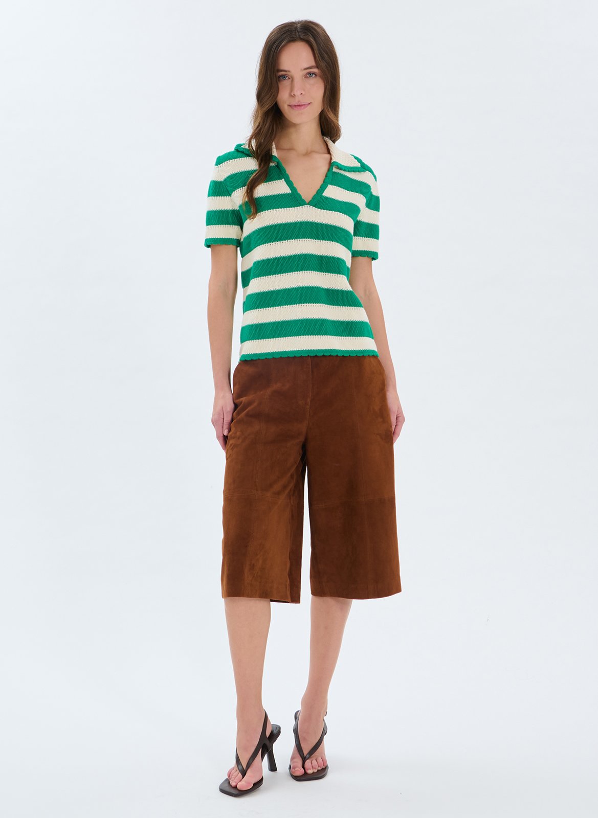 Striped short-sleeve polo neck sweater ZAPA Green