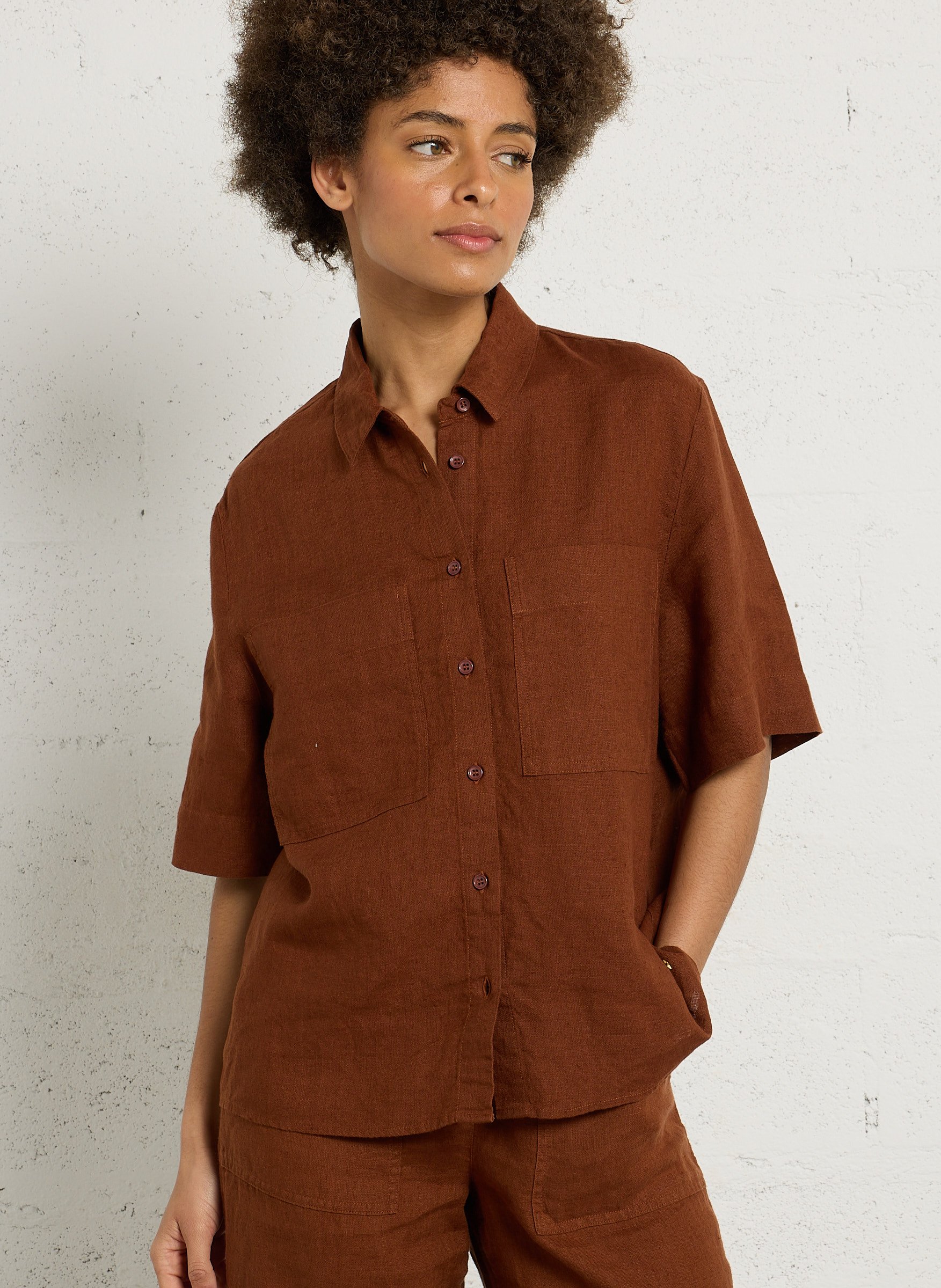 Straight-fit, linnen overhemd DES PETITS HAUTS Bruin