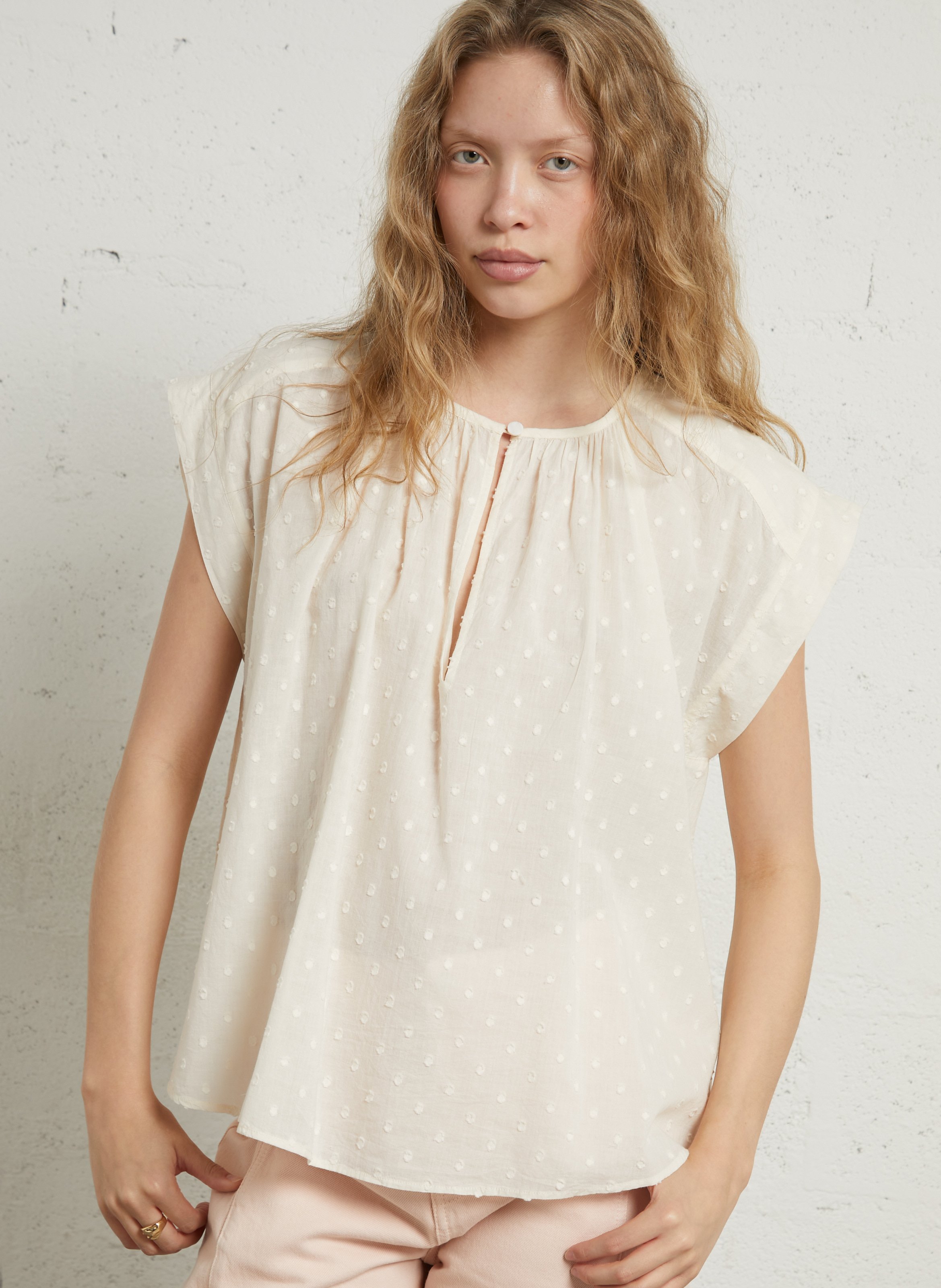Weit geschnittenes Baumwoll-Top mit Rundhalsausschnitt BELLEPIECE Beige
