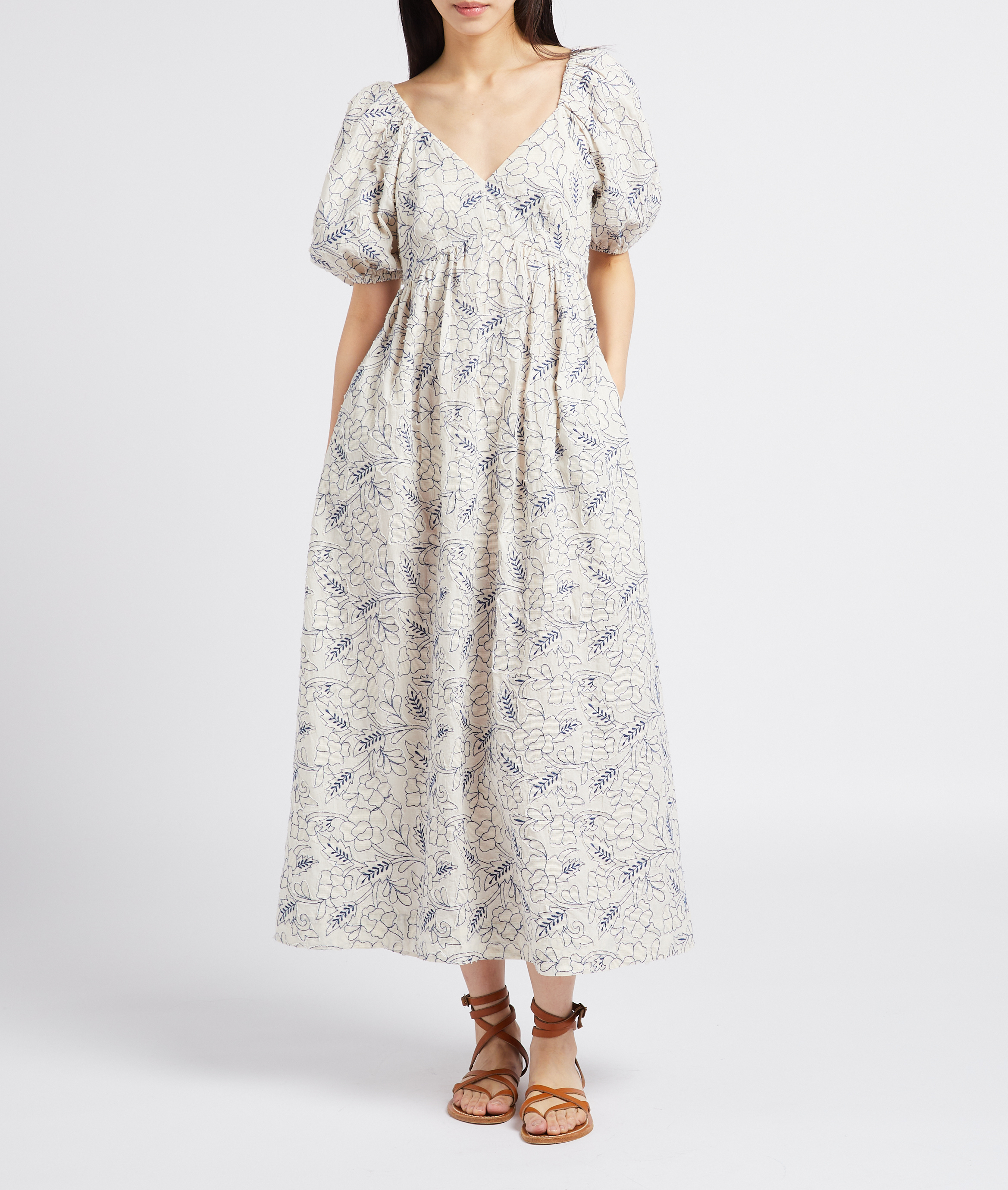 Lange, katoenen jurk met V-hals en borduursel PAUL AND JOE Wit