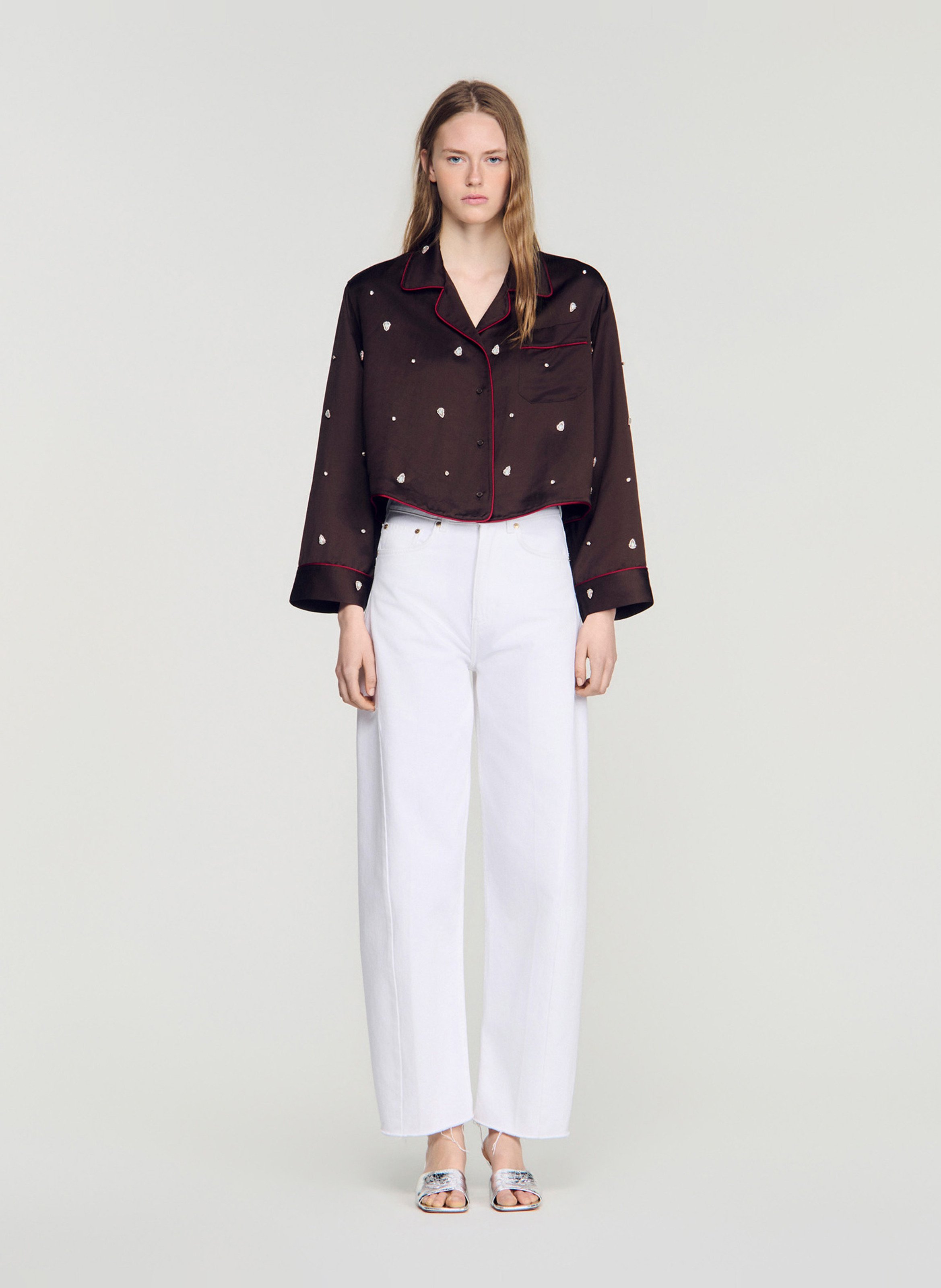 Chemise brodée satinée SANDRO Marron