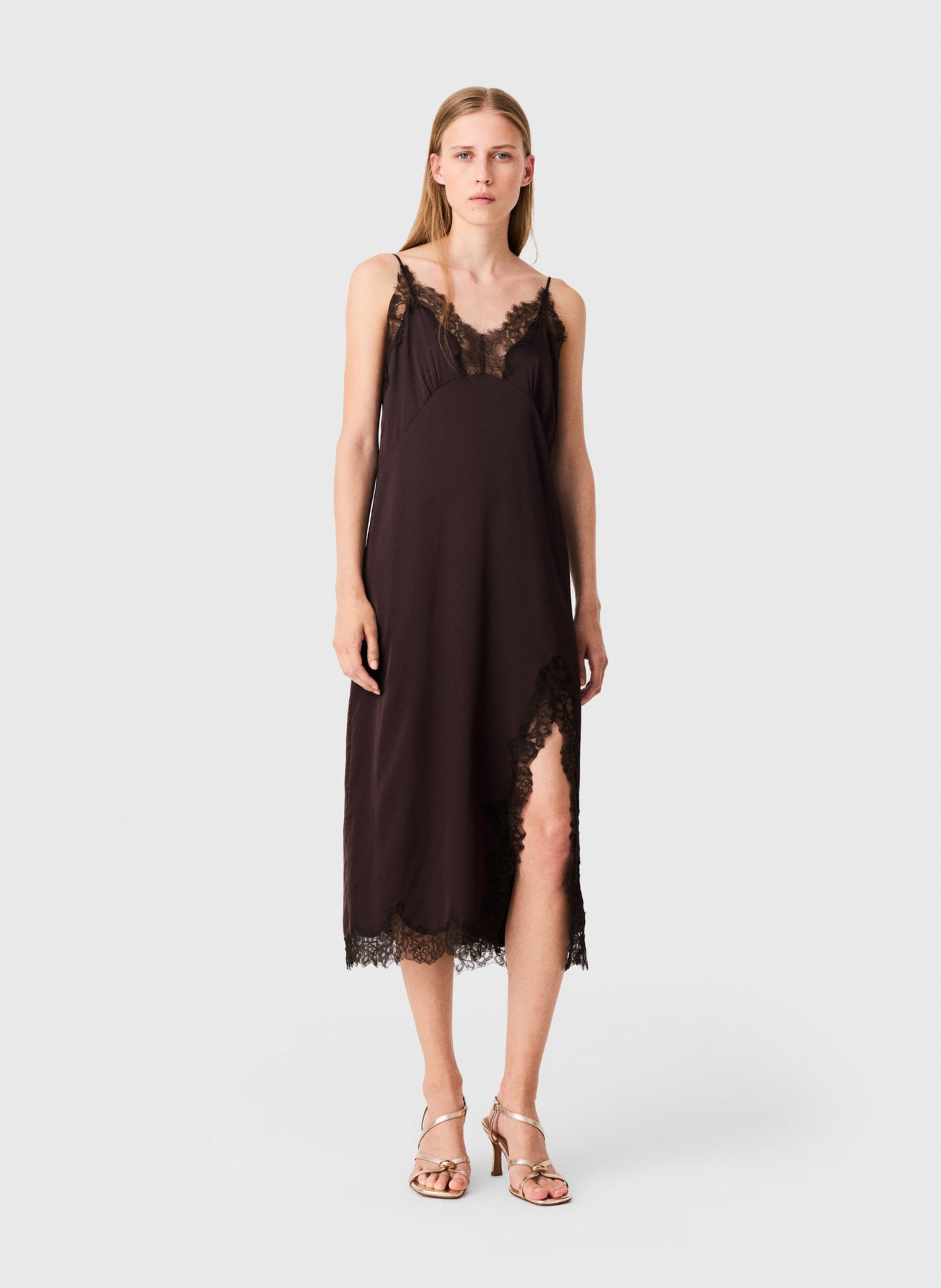 Lace V-neck midi dress MAJE Brown
