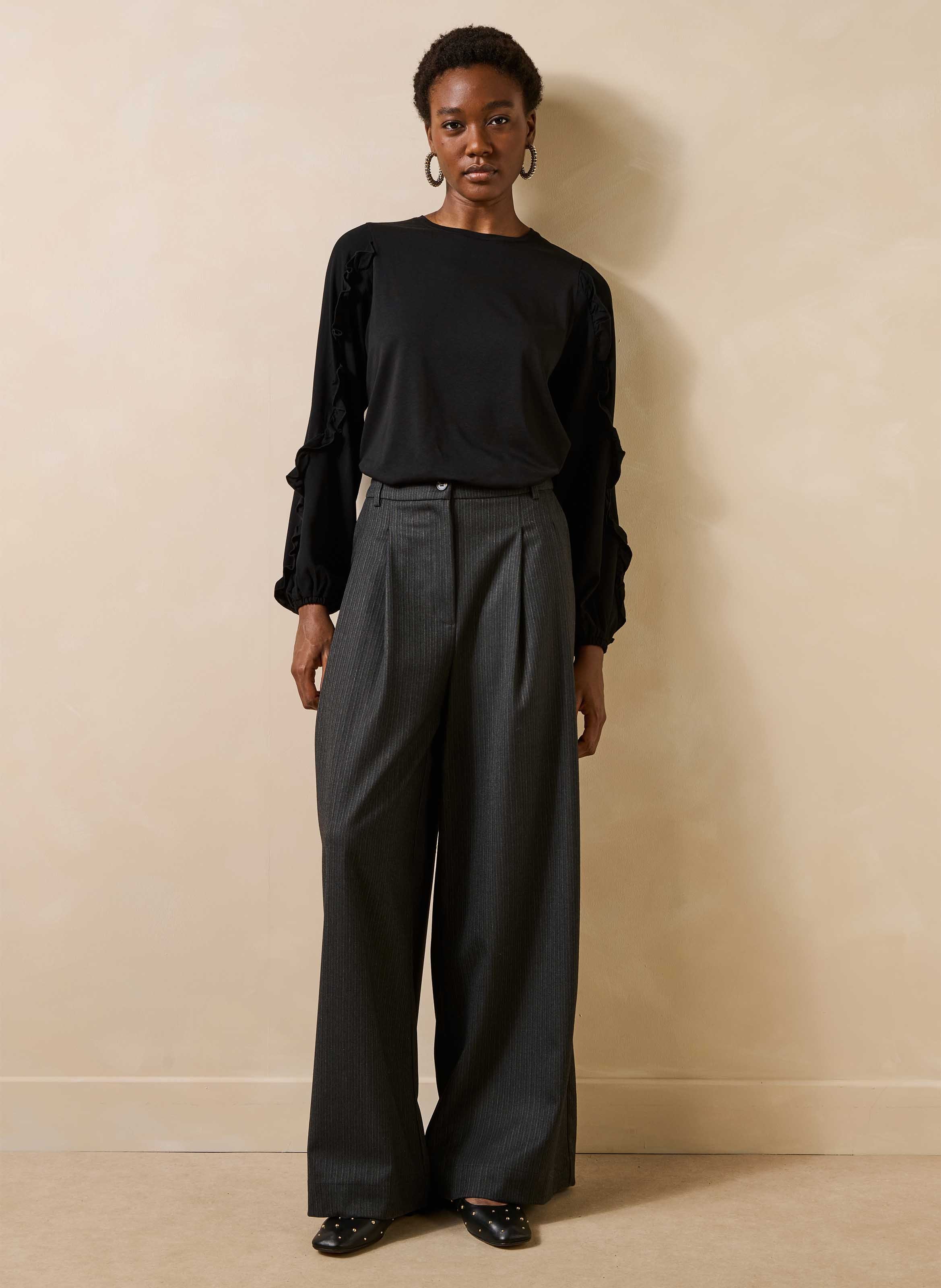 Round neck top with ruffles in two materials LA FEE MARABOUTEE Black