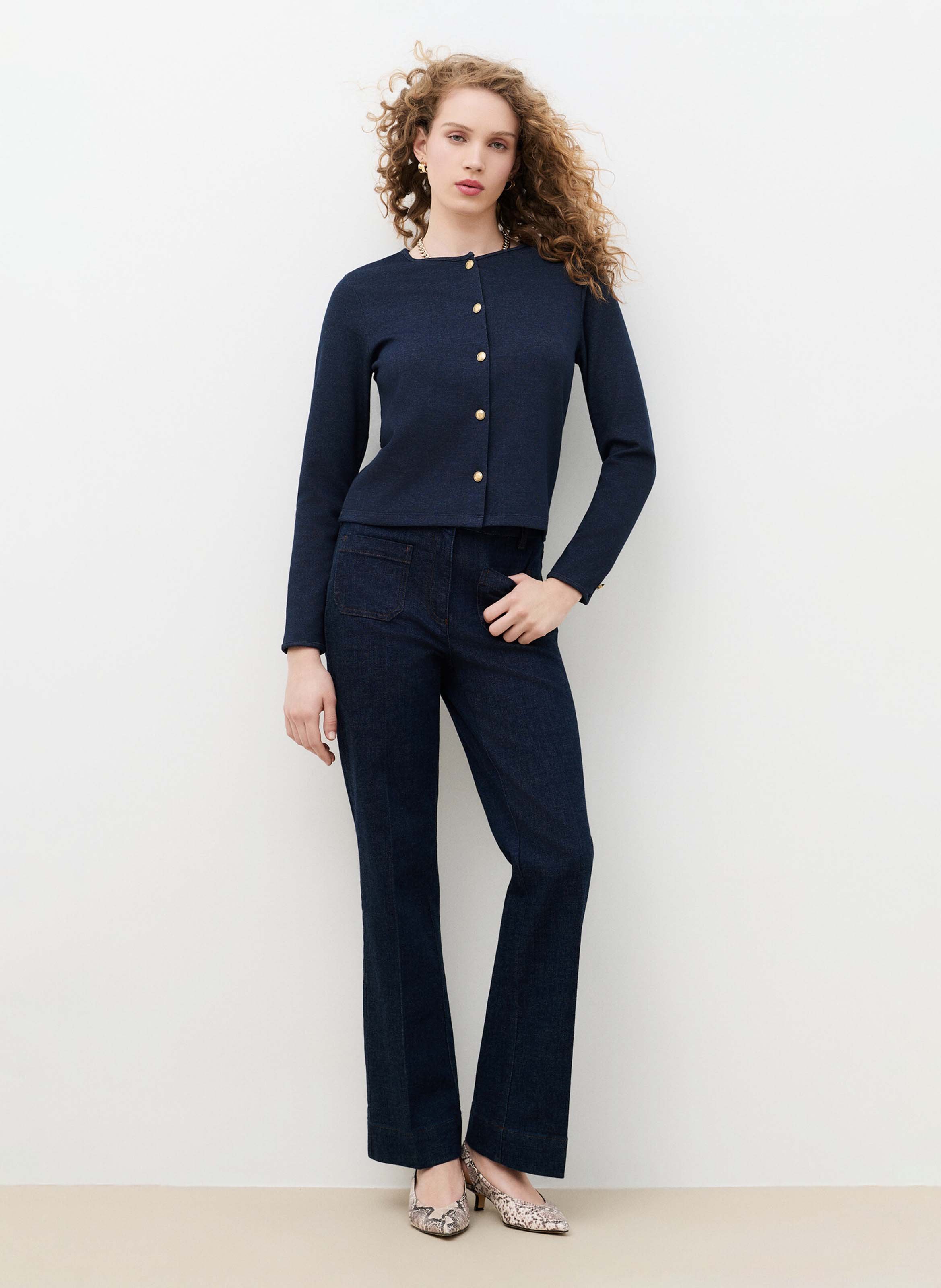 Gilet droit col rond en coton mélangé CAROLL Bleu
