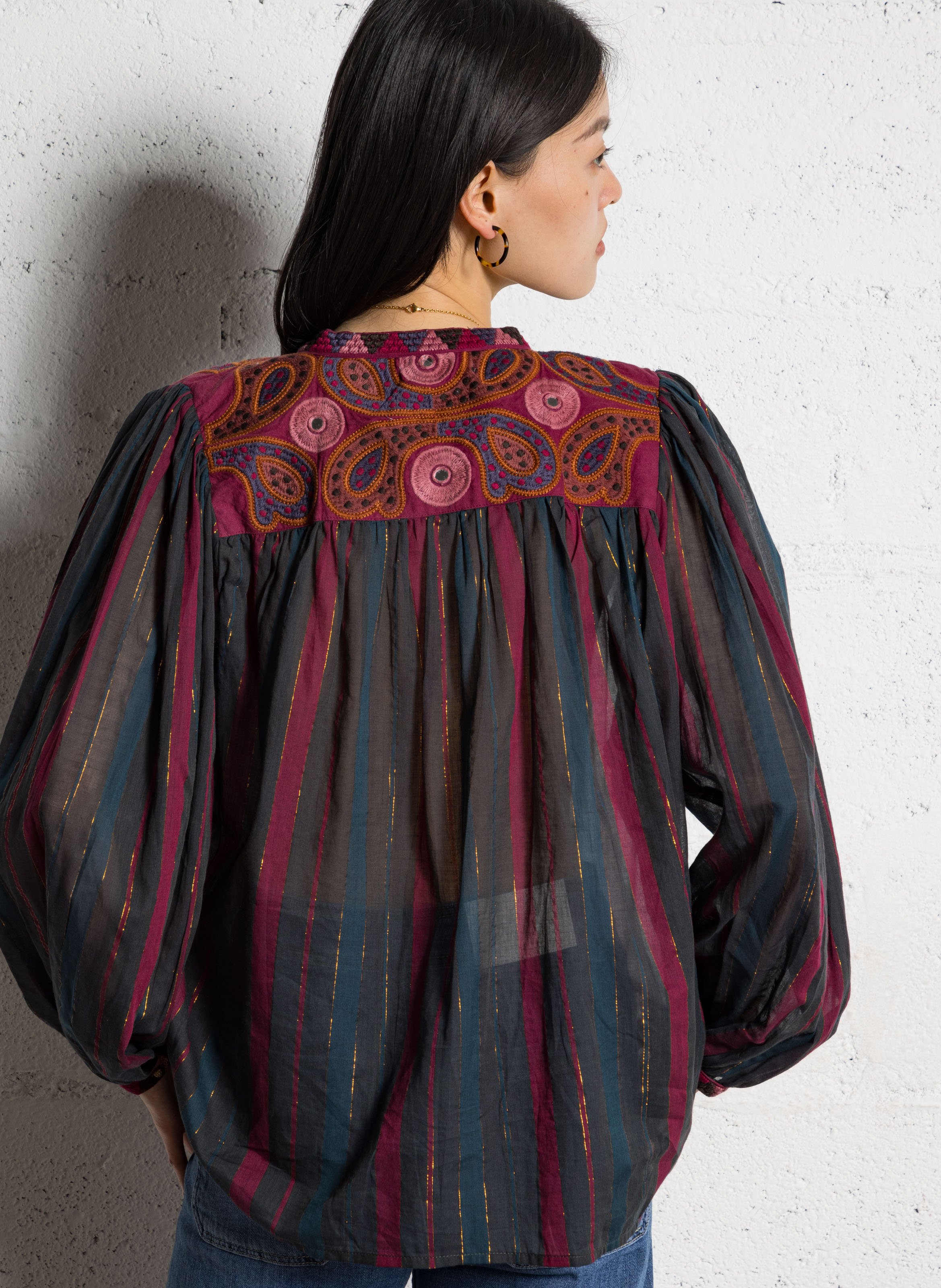 Loose striped blouse with embroidery MAISON HOTEL Red