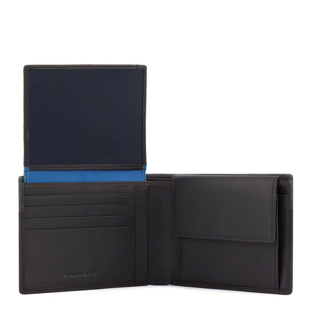 Men's wallet with ID card holder flap, coin pocket, credit card slots, and RFID protection PIQUADRO Black