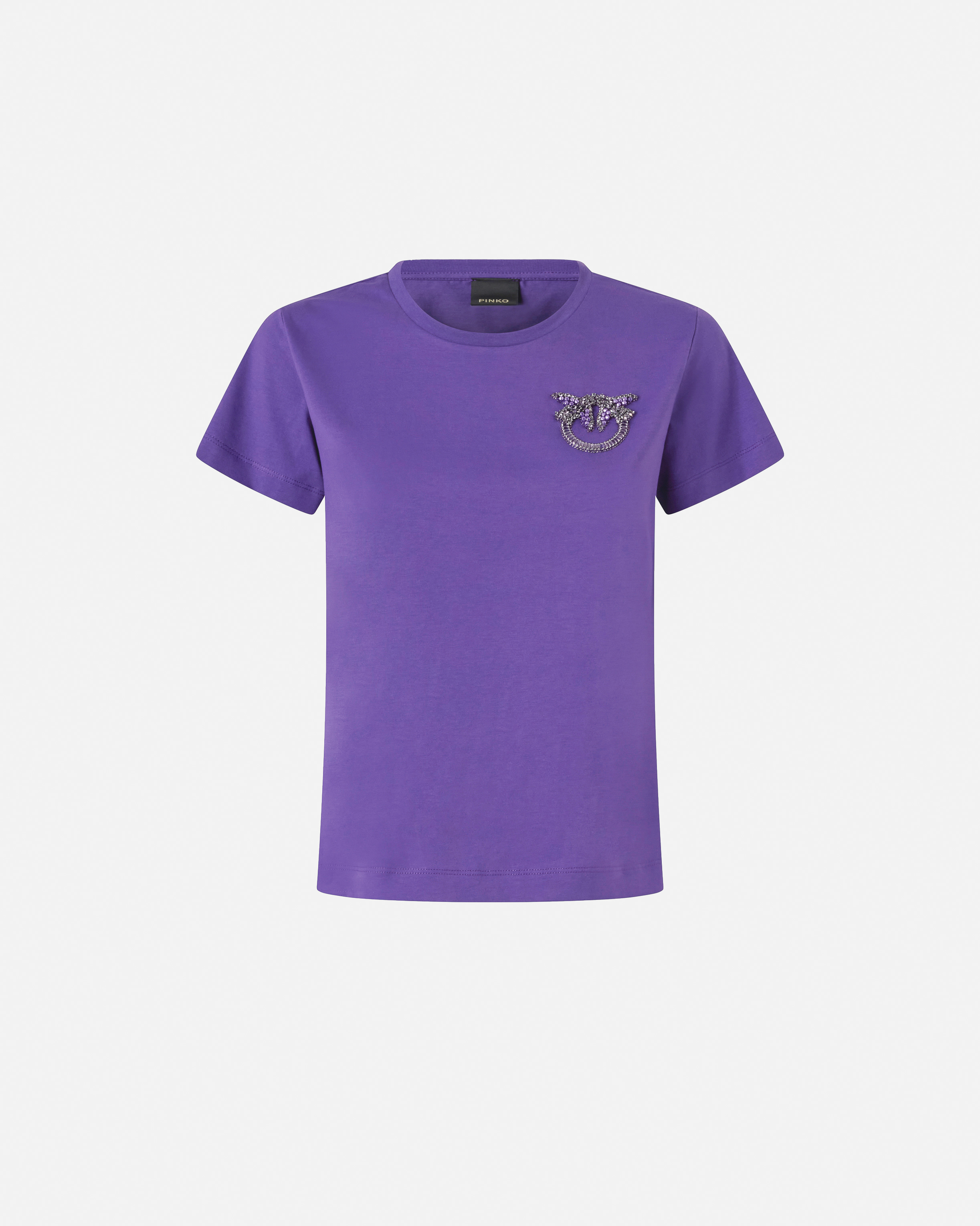 T-shirt with embroidered love birds monogram logo with crystals. PINKO Purple