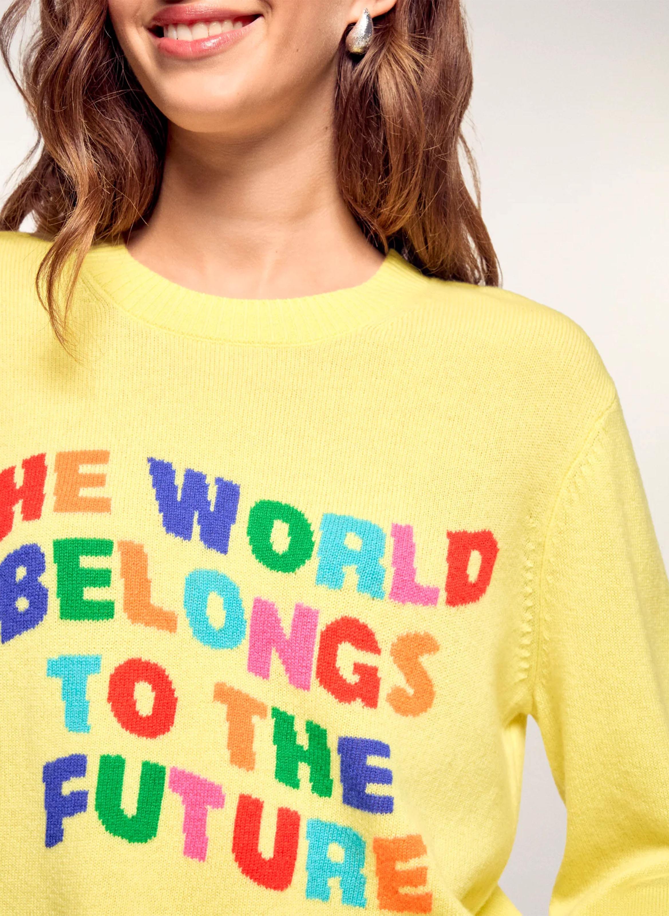 Pull droit col rond en cachemire imprimé FROM FUTURE Jaune