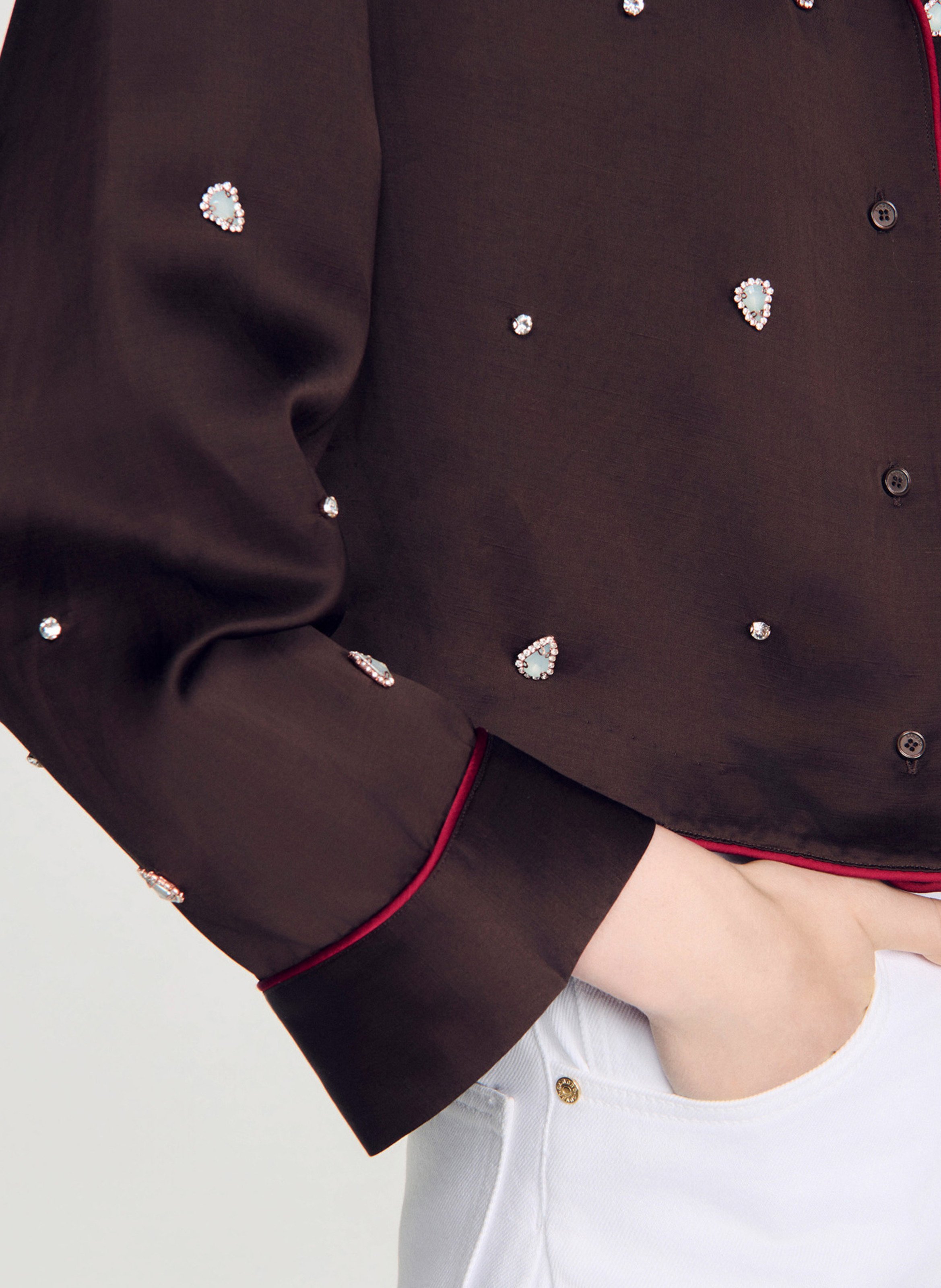 Chemise brodée satinée SANDRO Marron