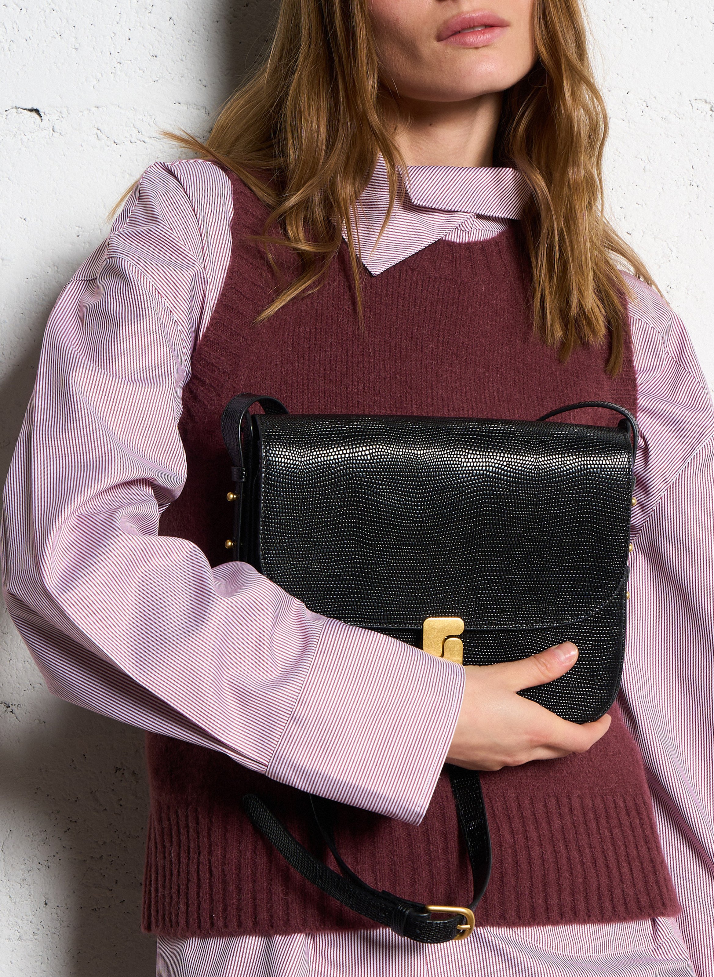 Lizard embossed leather shoulder bag SOEUR Black