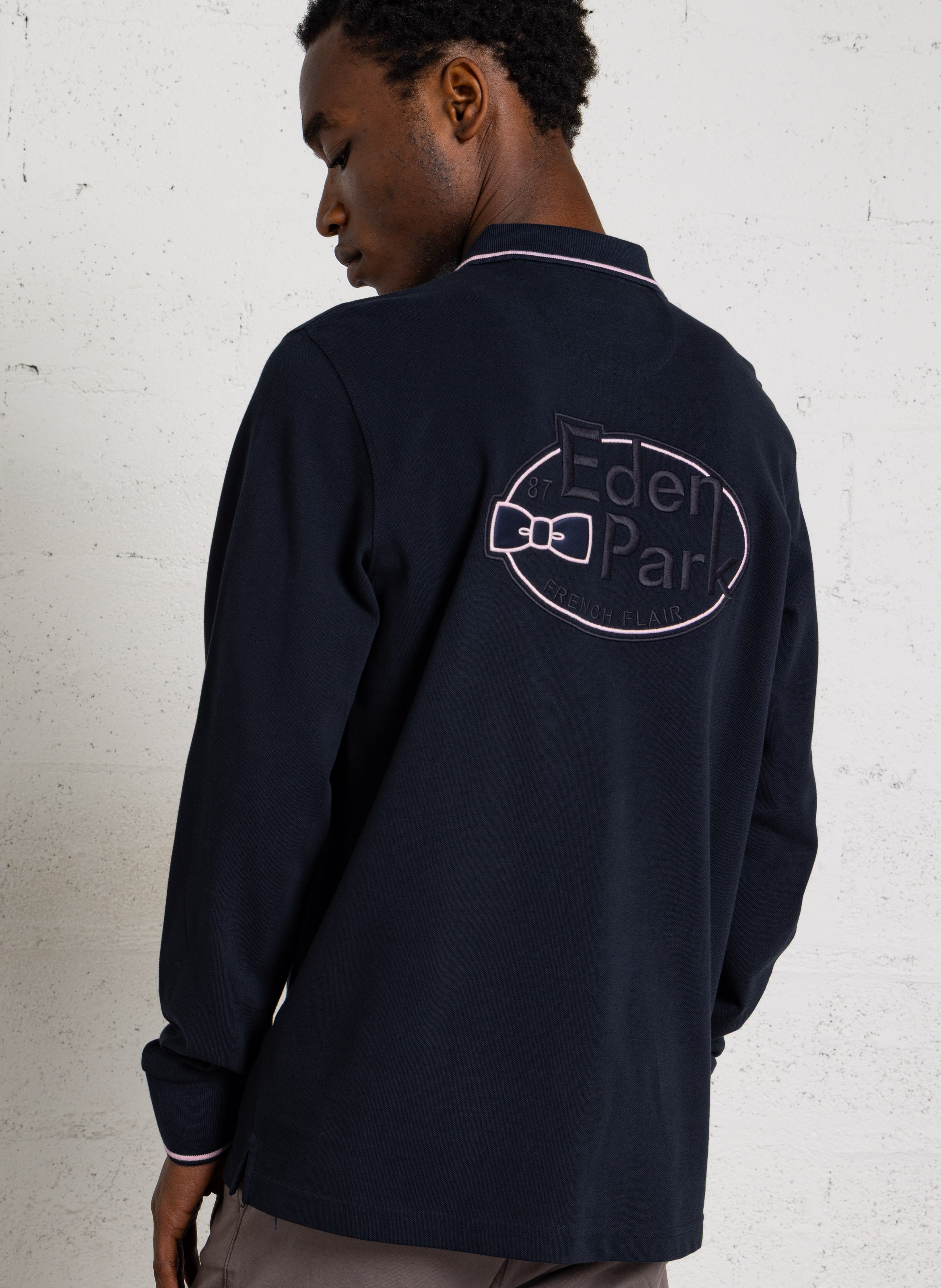 Straight fit long-sleeved cotton polo EDEN PARK Blue