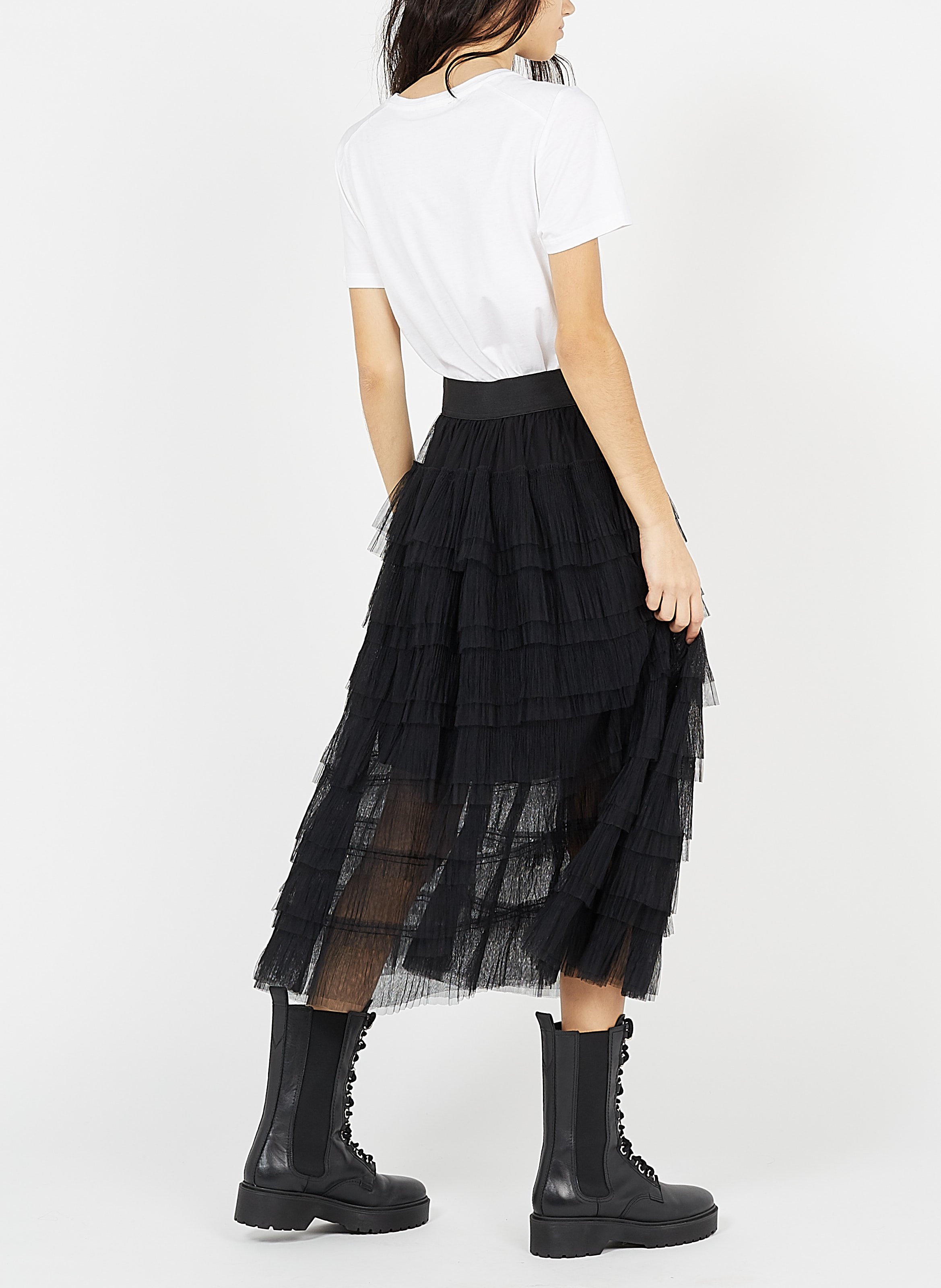 Jupe midi à volants en tulle MAJE Noir