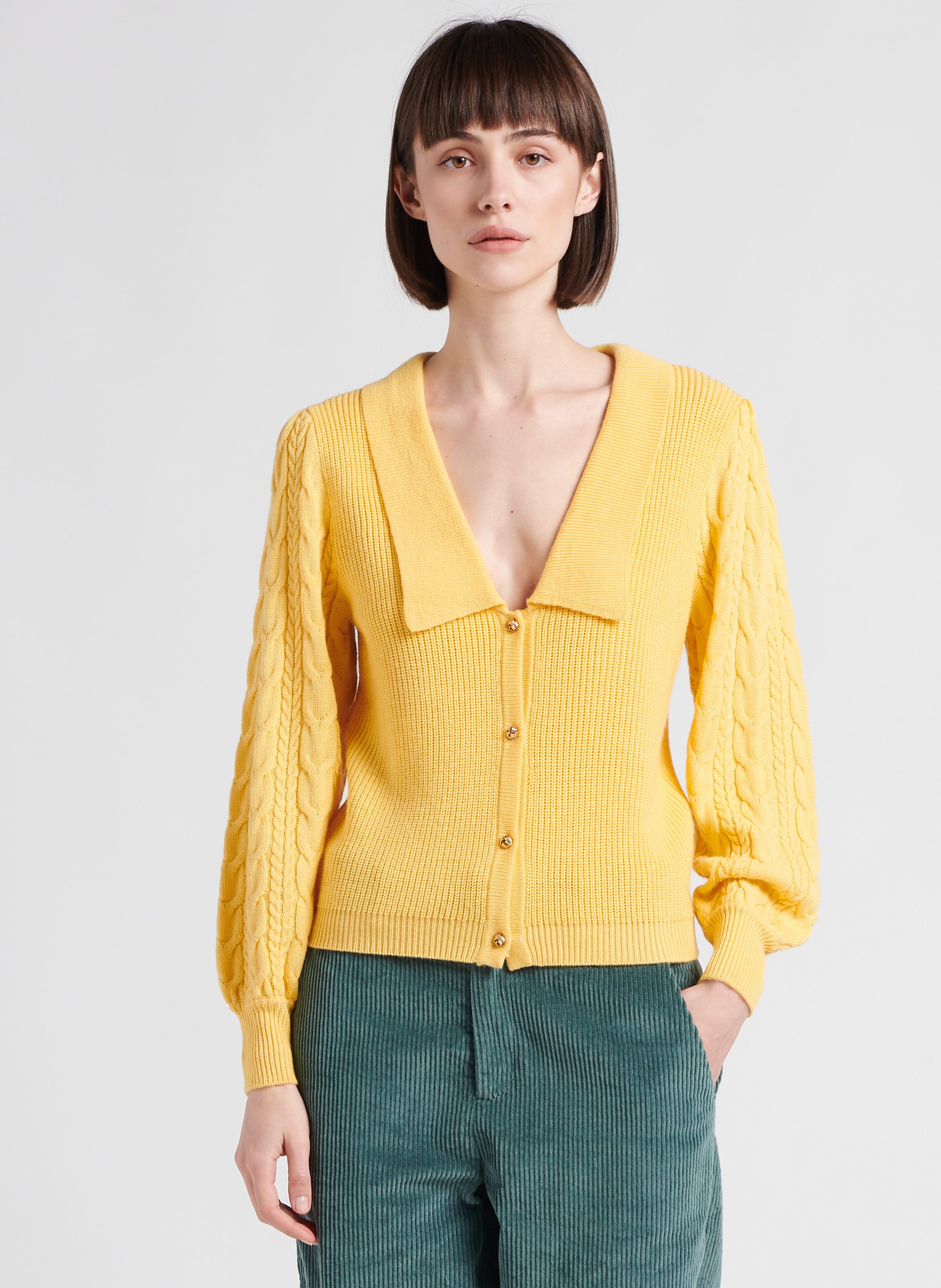 Yellow Wool blend cable knit cardigan