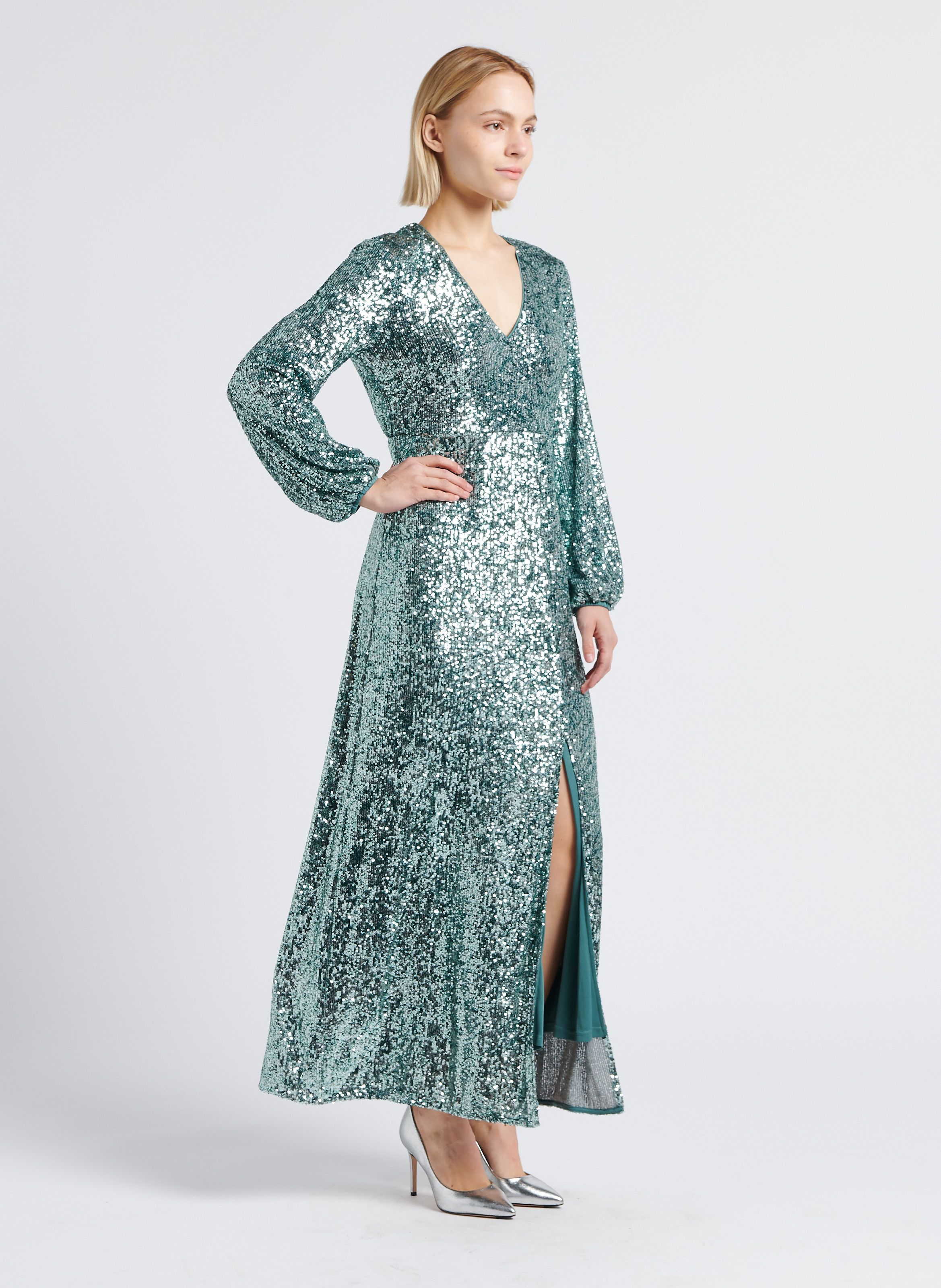 Robe longue cintr e col V sequins Vert