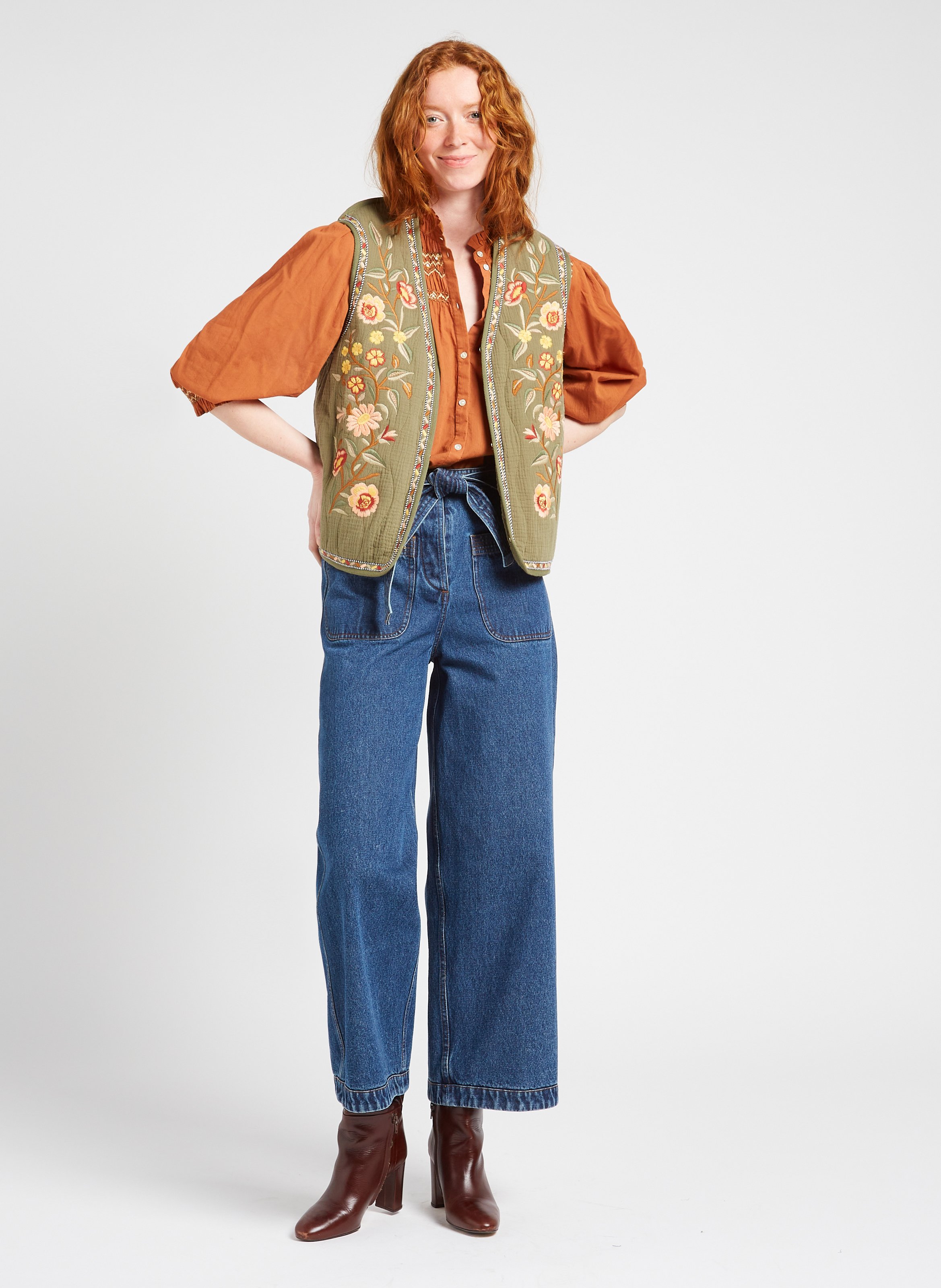 Veste col V brodée en coton LOUISE MISHA Kaki