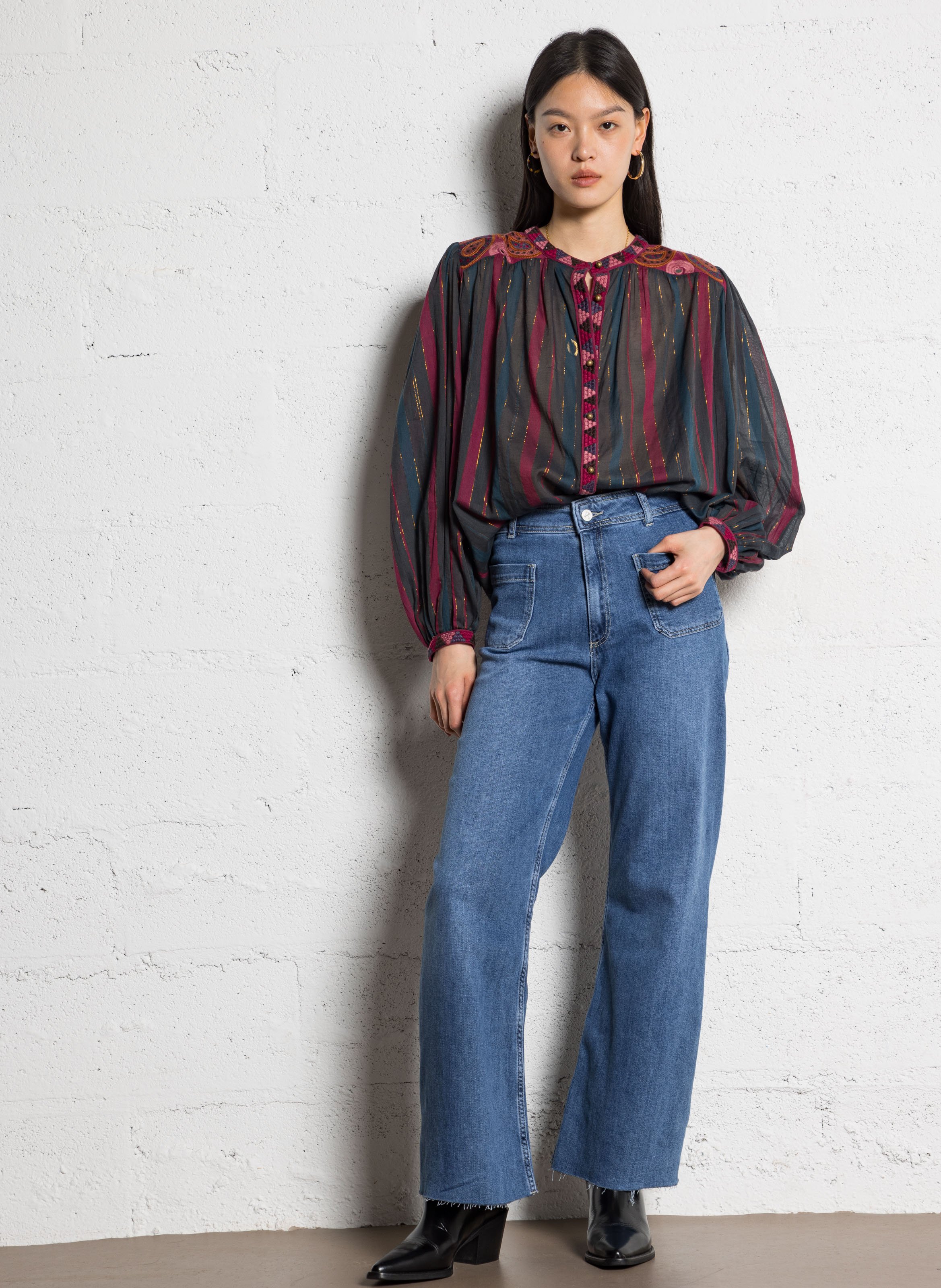 Loose striped blouse with embroidery MAISON HOTEL Red