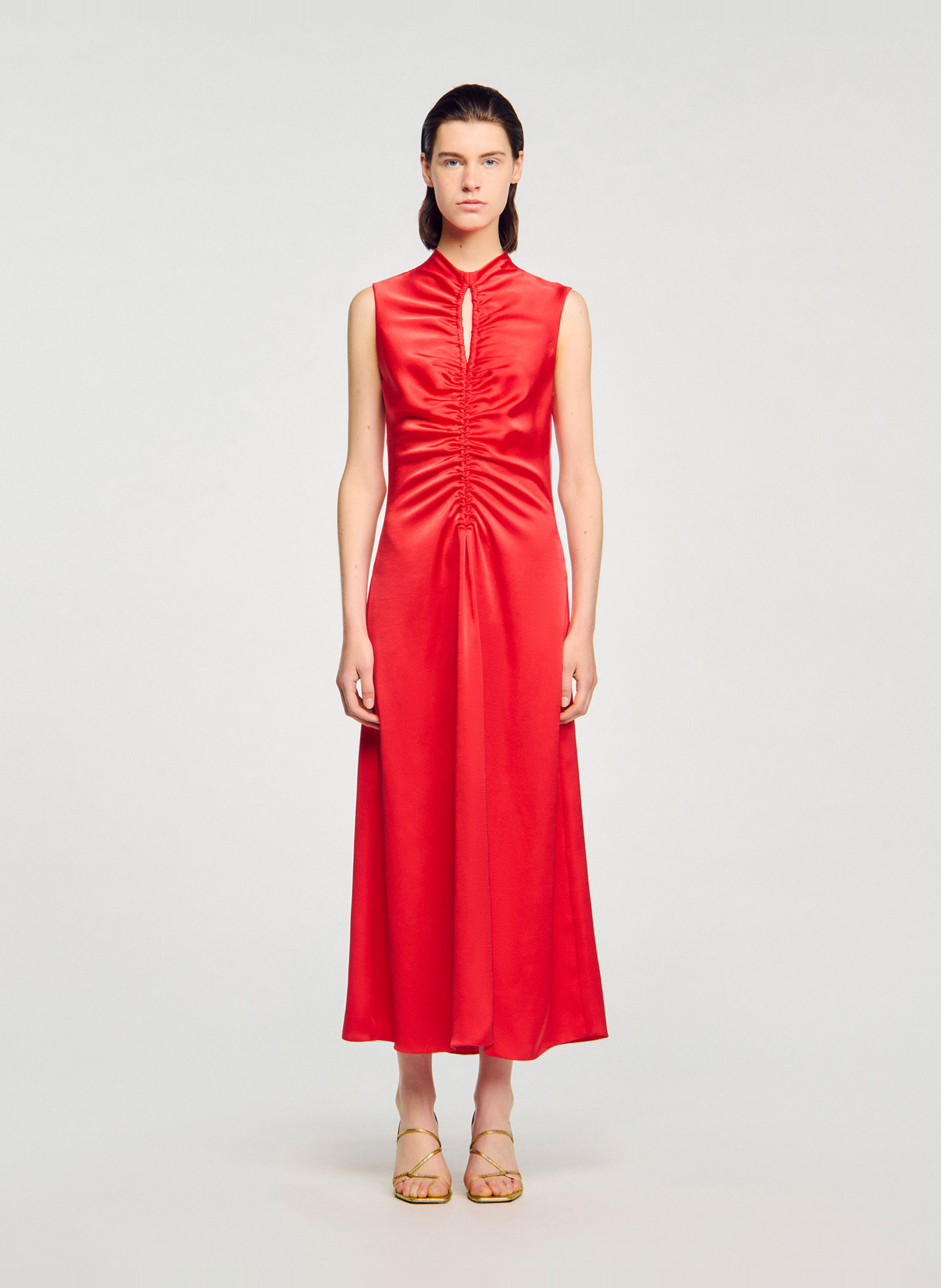 Robe longue col rond satinée SANDRO Rouge