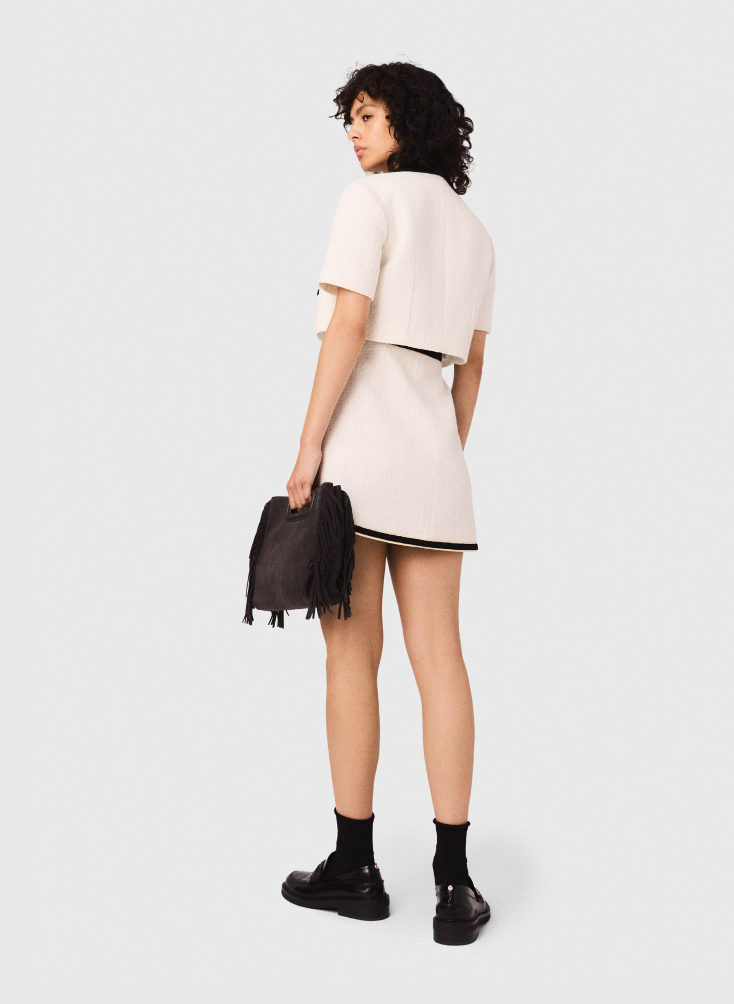 Square-neck cotton-blend short dress MAJE Beige