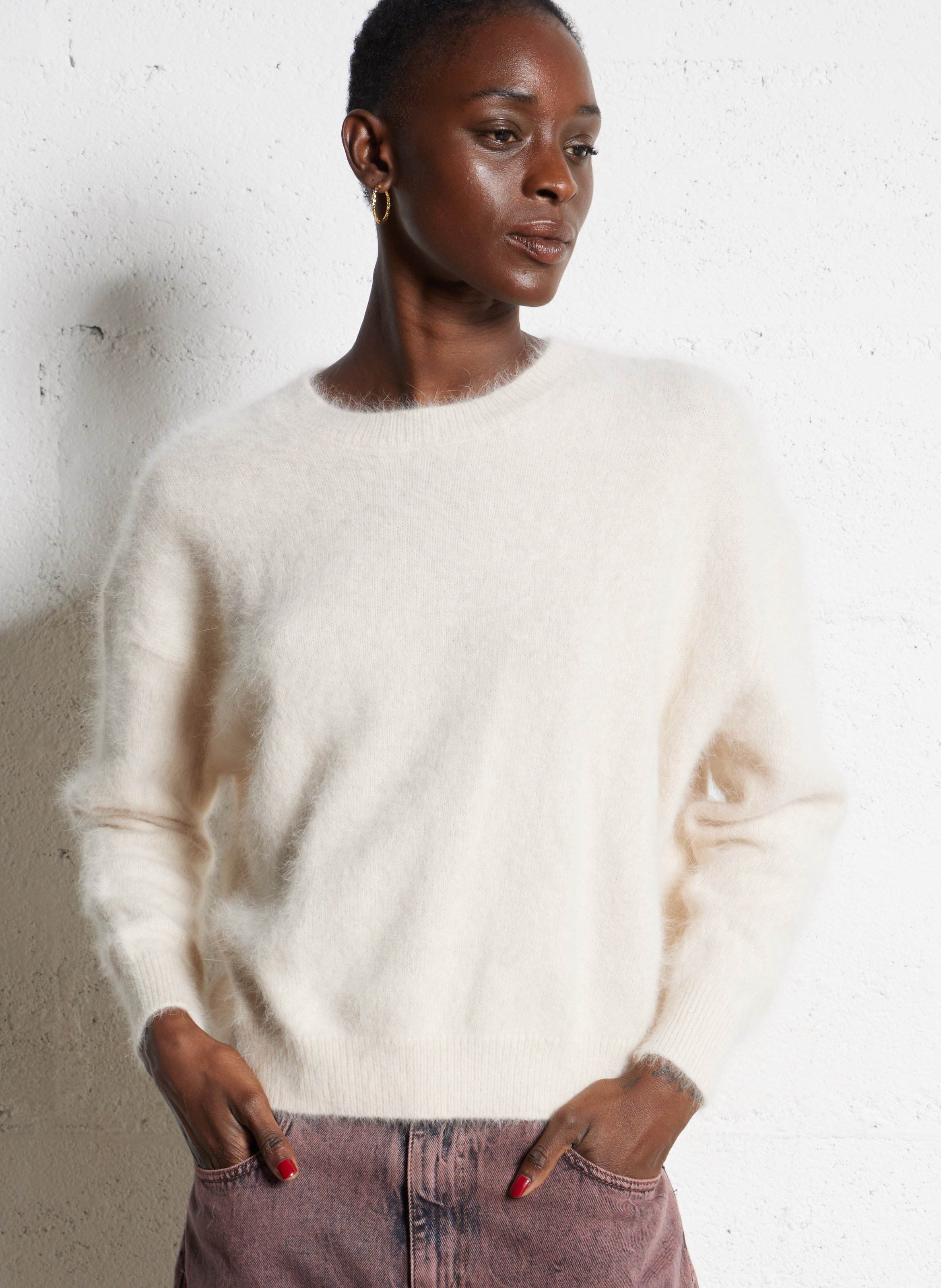 Pull oversize col rond en angora mélangé BELLEROSE Beige