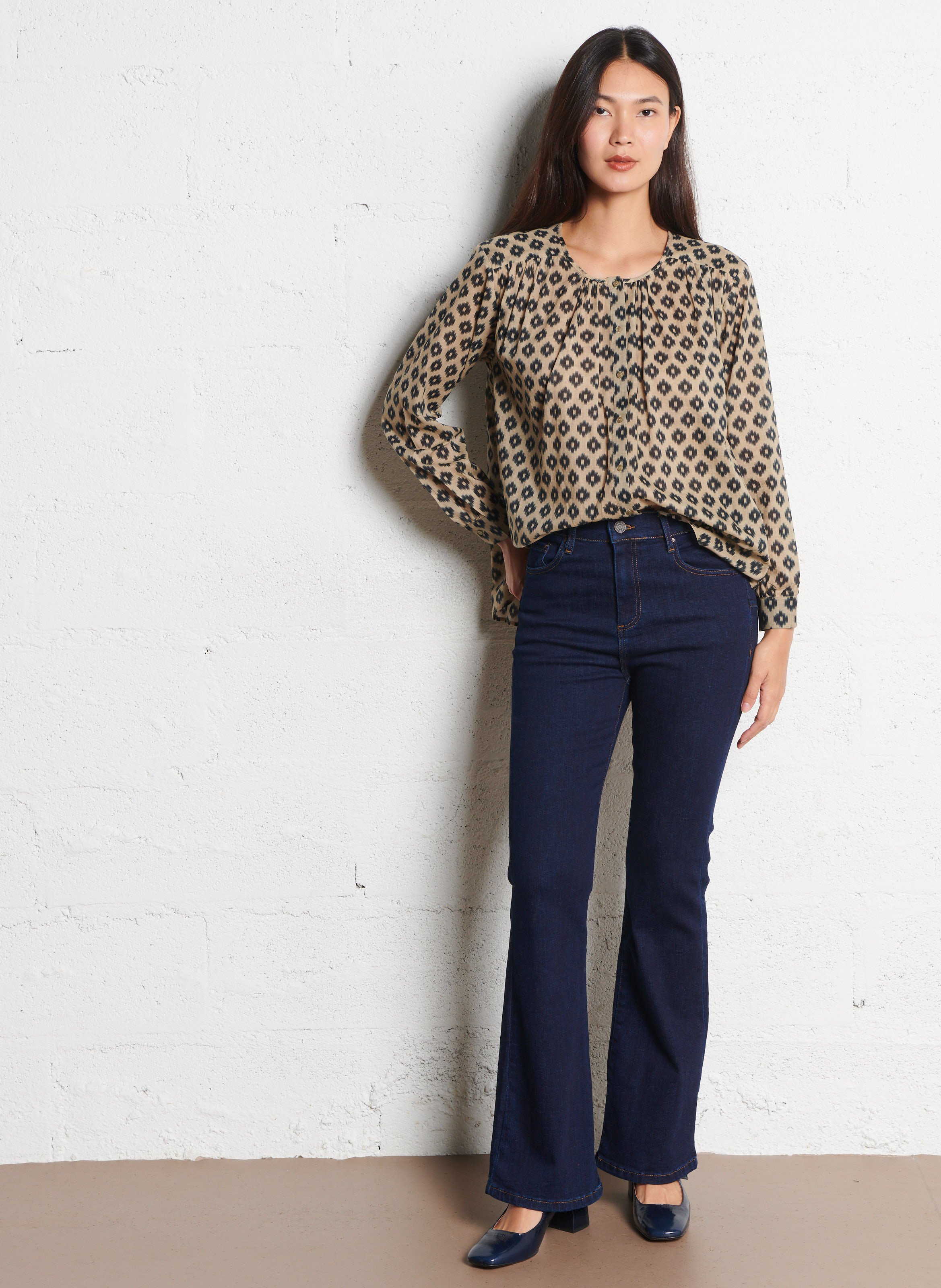 Chemisier col rond ample à motif SUD EXPRESS Beige