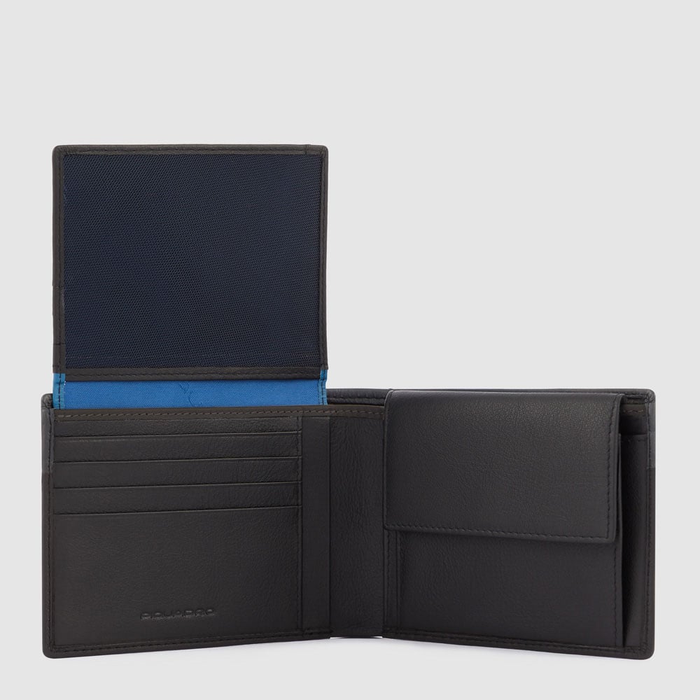 Men's wallet with ID card holder flap, coin pocket, credit card slots, and RFID protection PIQUADRO Black