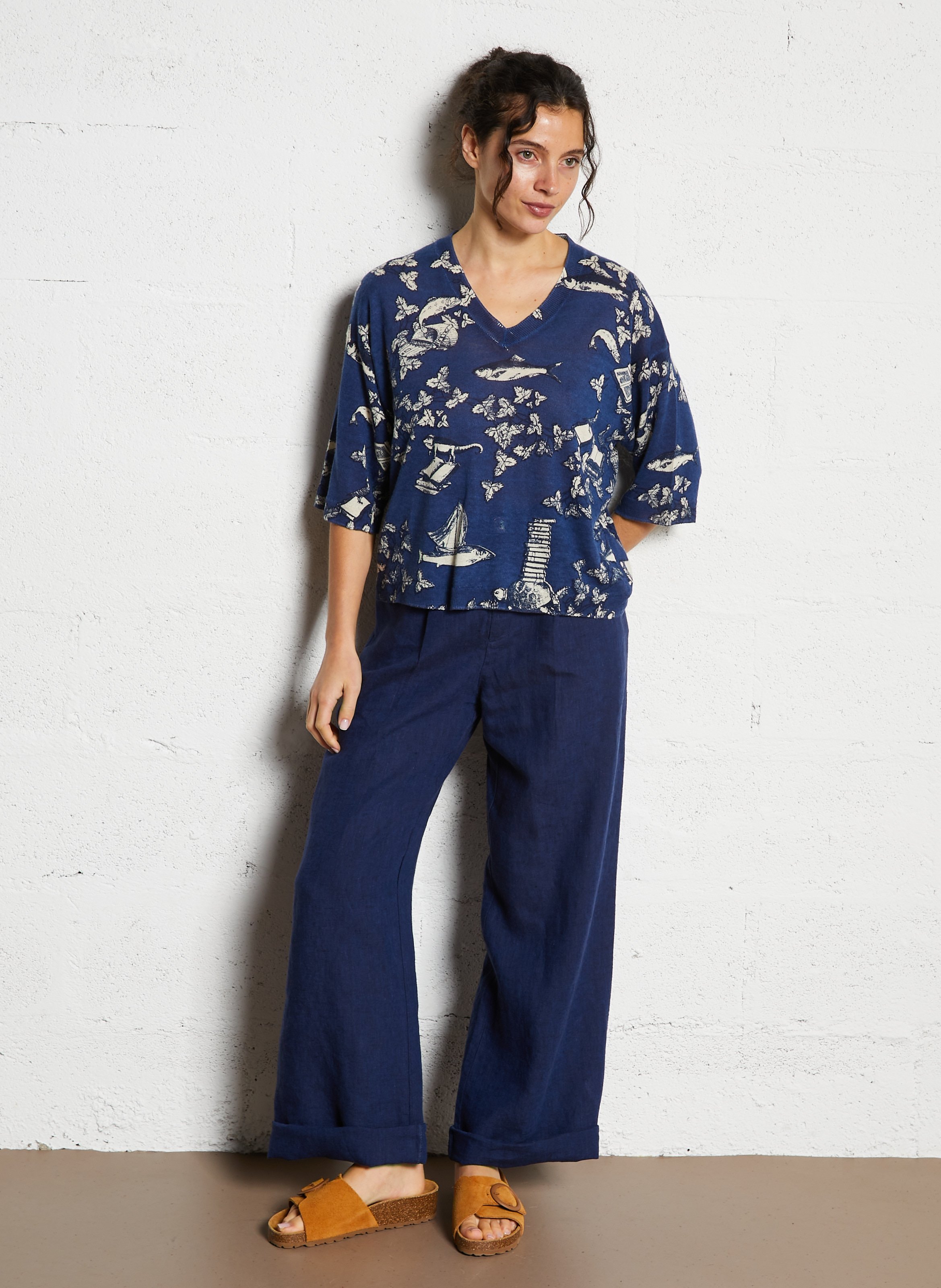 Pantalon large en lin NICE THINGS Bleu