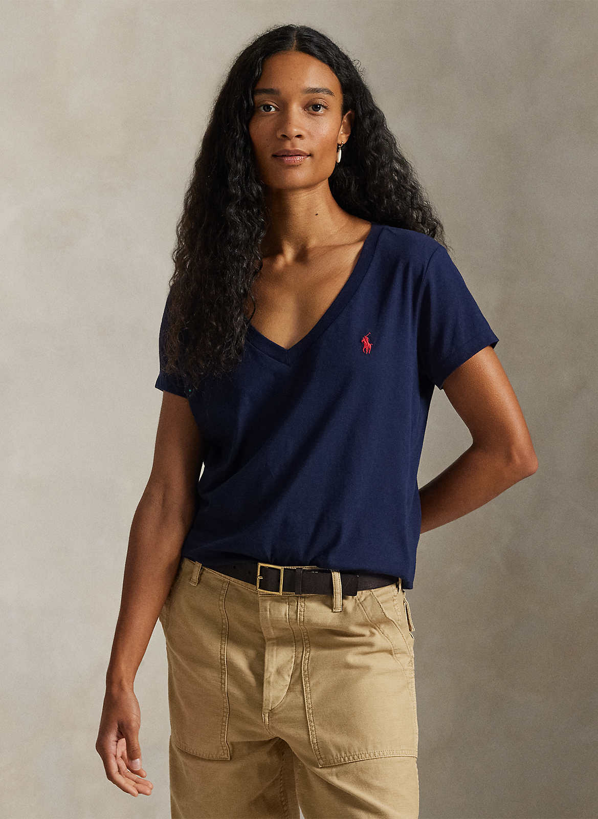 Katoenen T-shirt met V-hals en borduursel POLO RALPH LAUREN Blauw
