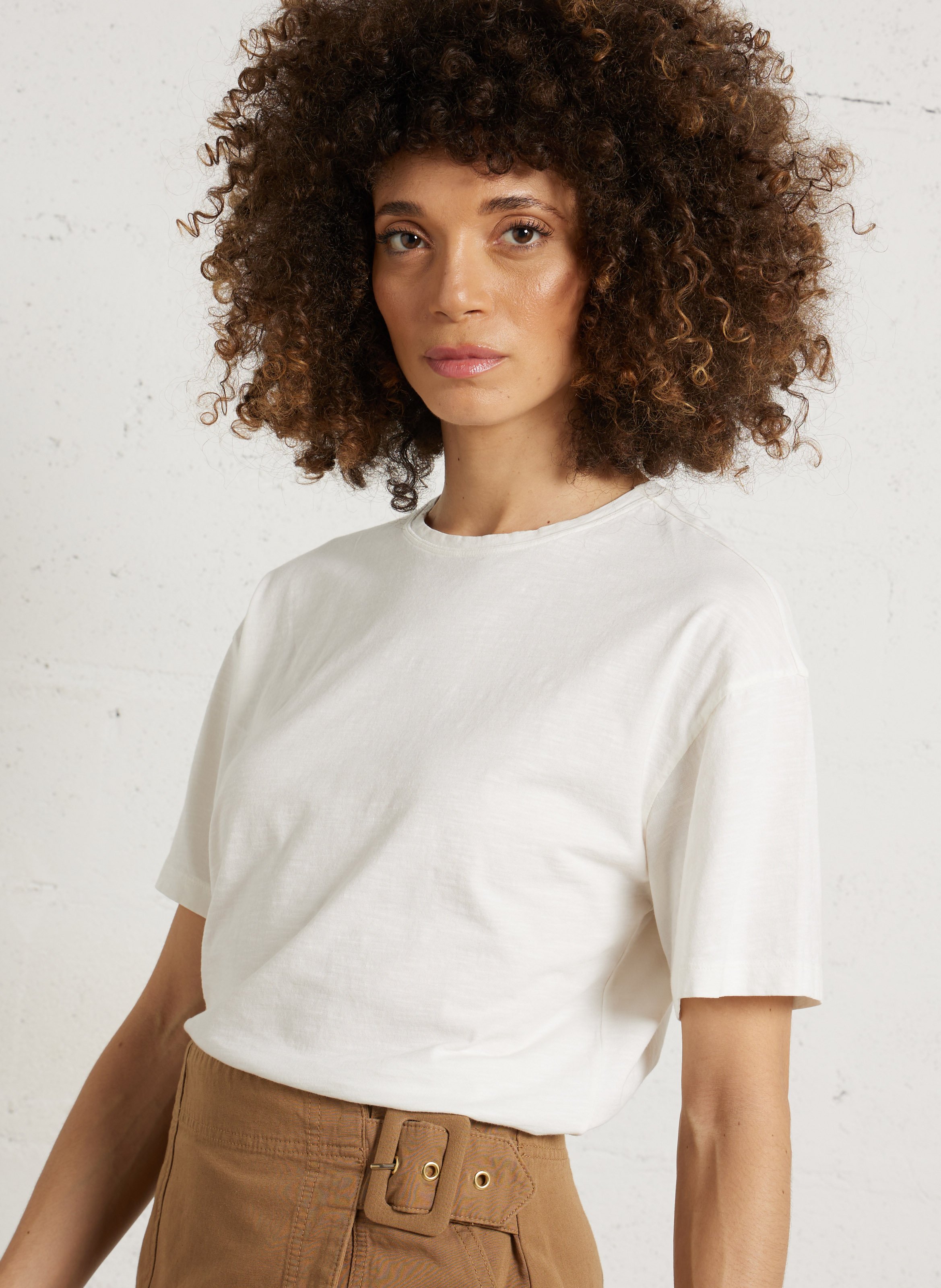 Tee-shirt droit col rond en coton DES PETITS HAUTS Beige