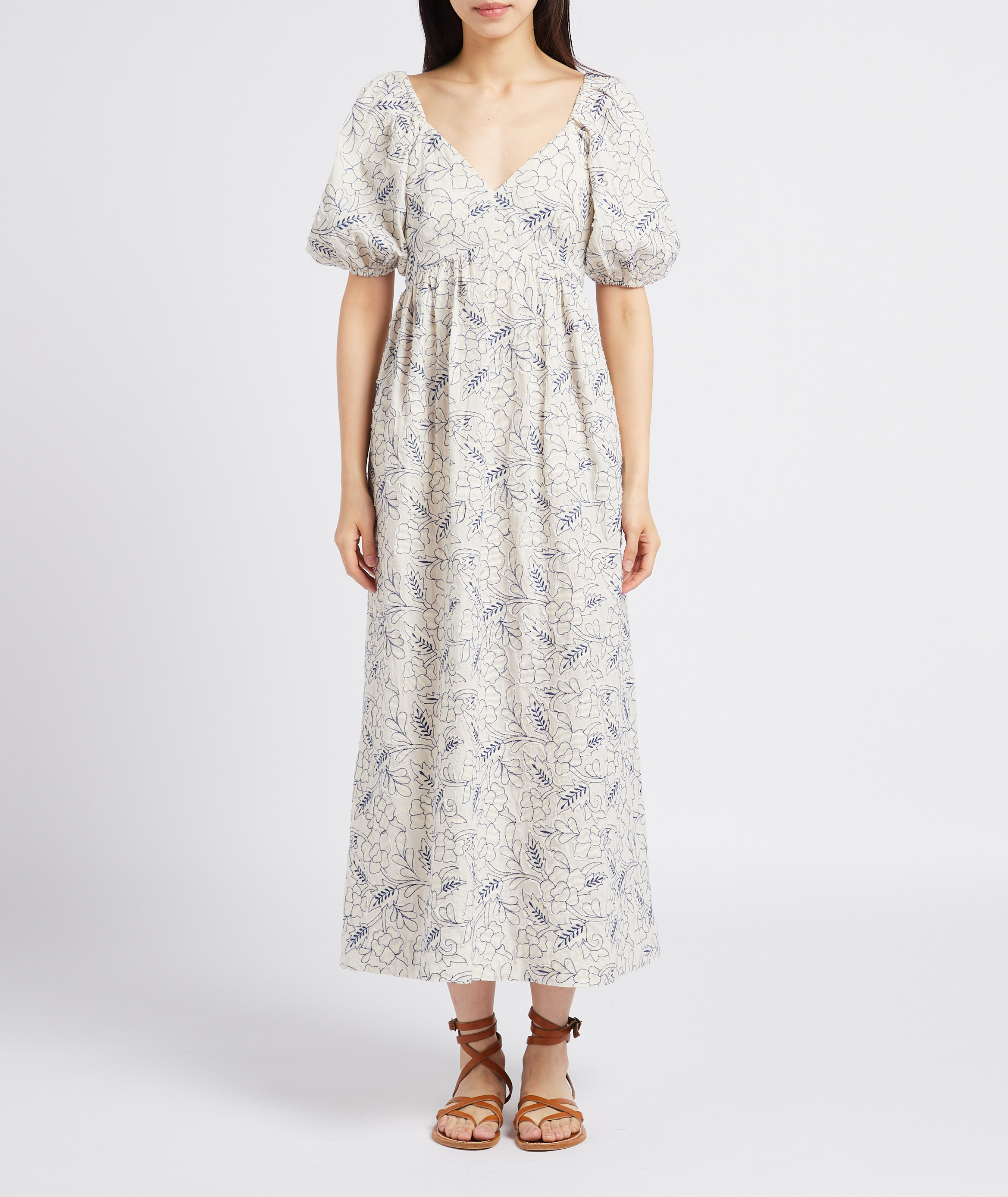 Lange, katoenen jurk met V-hals en borduursel PAUL AND JOE Wit