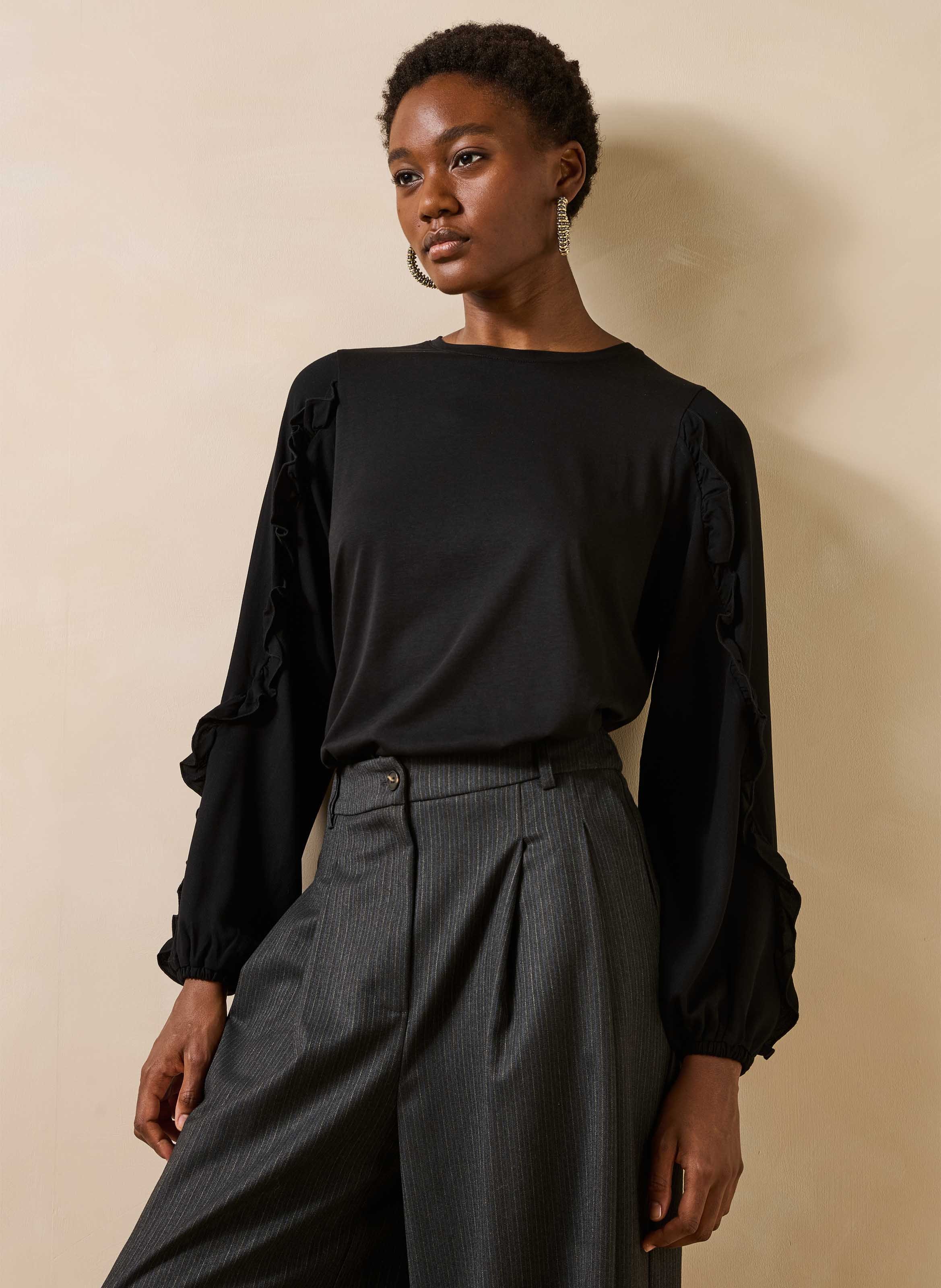Round neck top with ruffles in two materials LA FEE MARABOUTEE Black