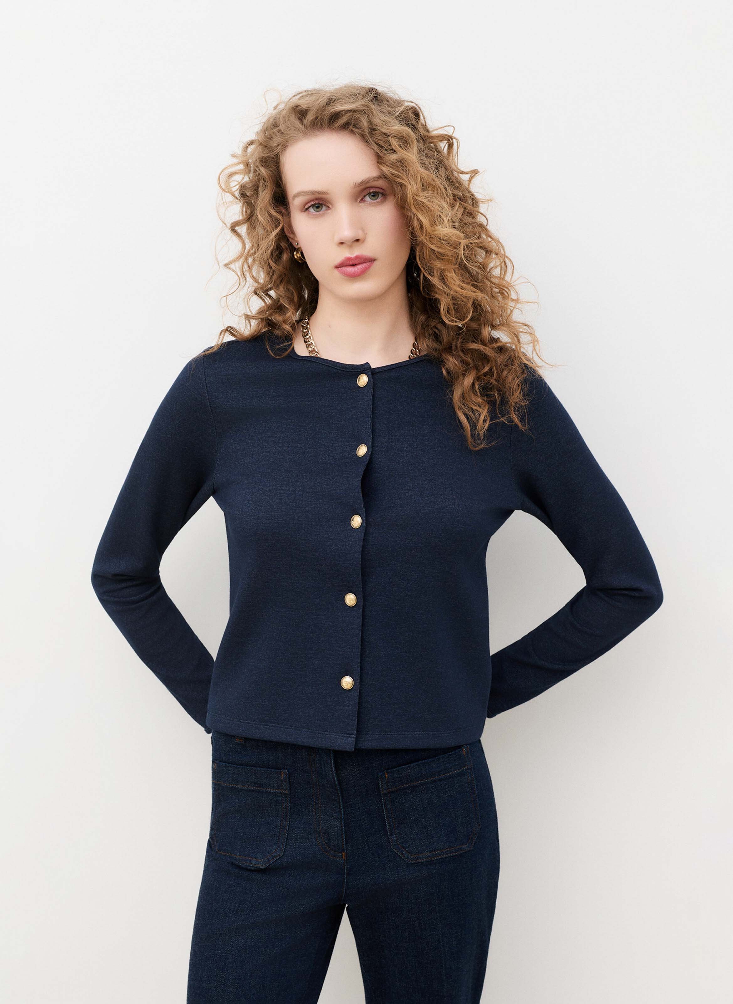 Gilet droit col rond en coton mélangé CAROLL Bleu
