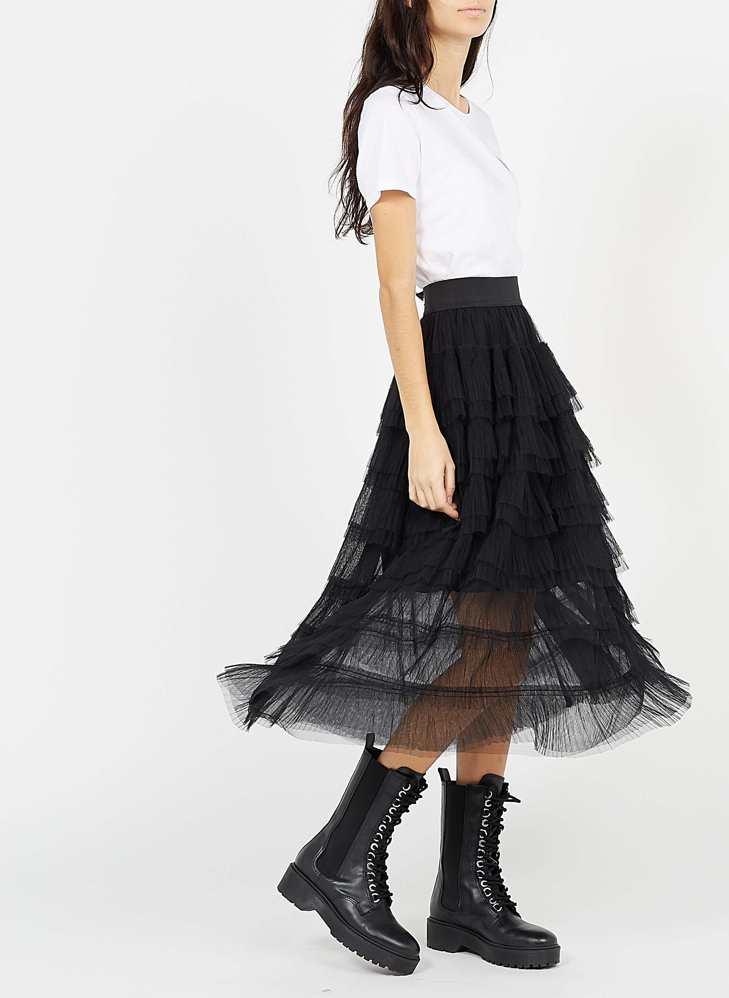 Jupe midi à volants en tulle MAJE Noir