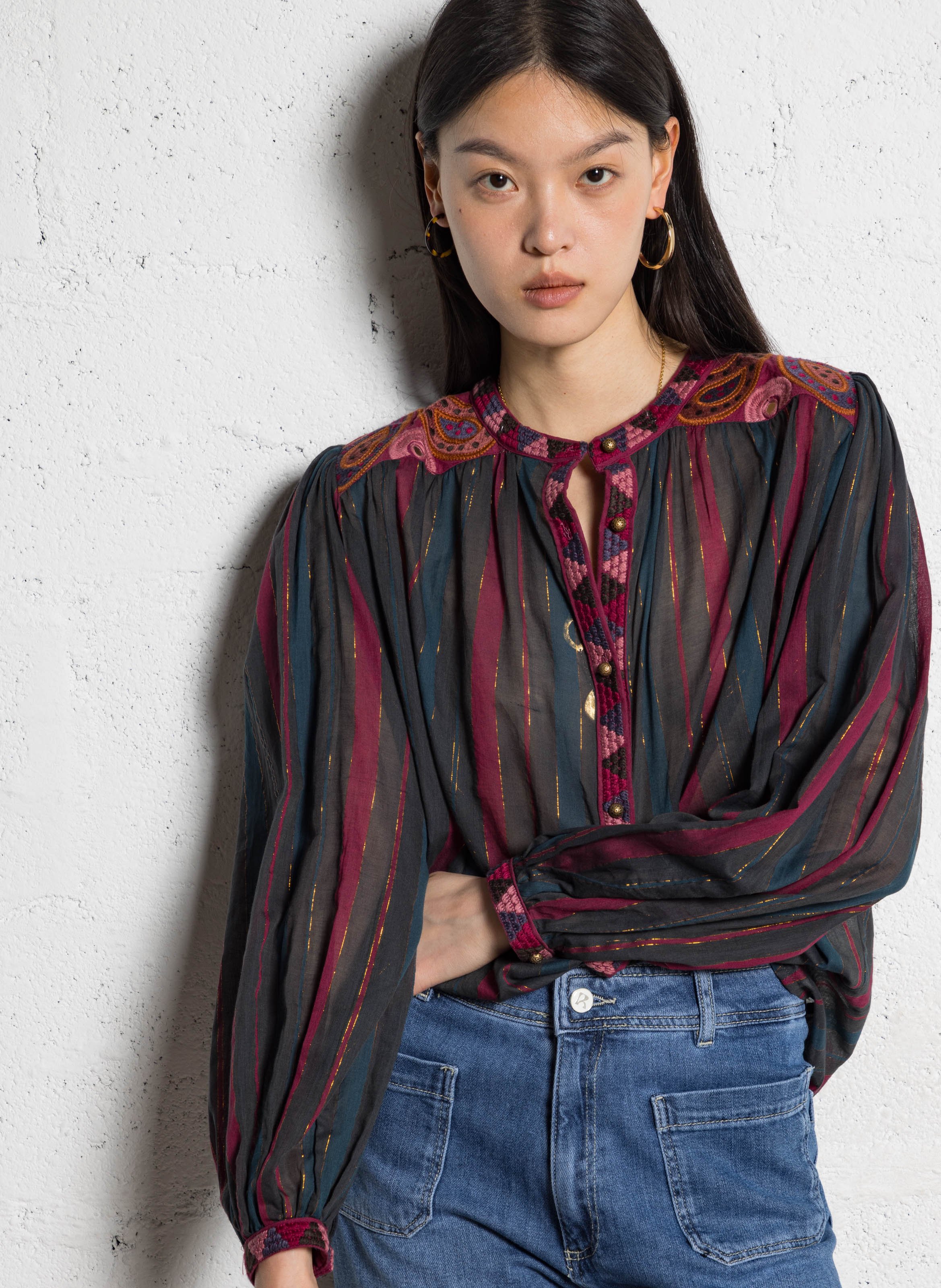 Loose striped blouse with embroidery MAISON HOTEL Red