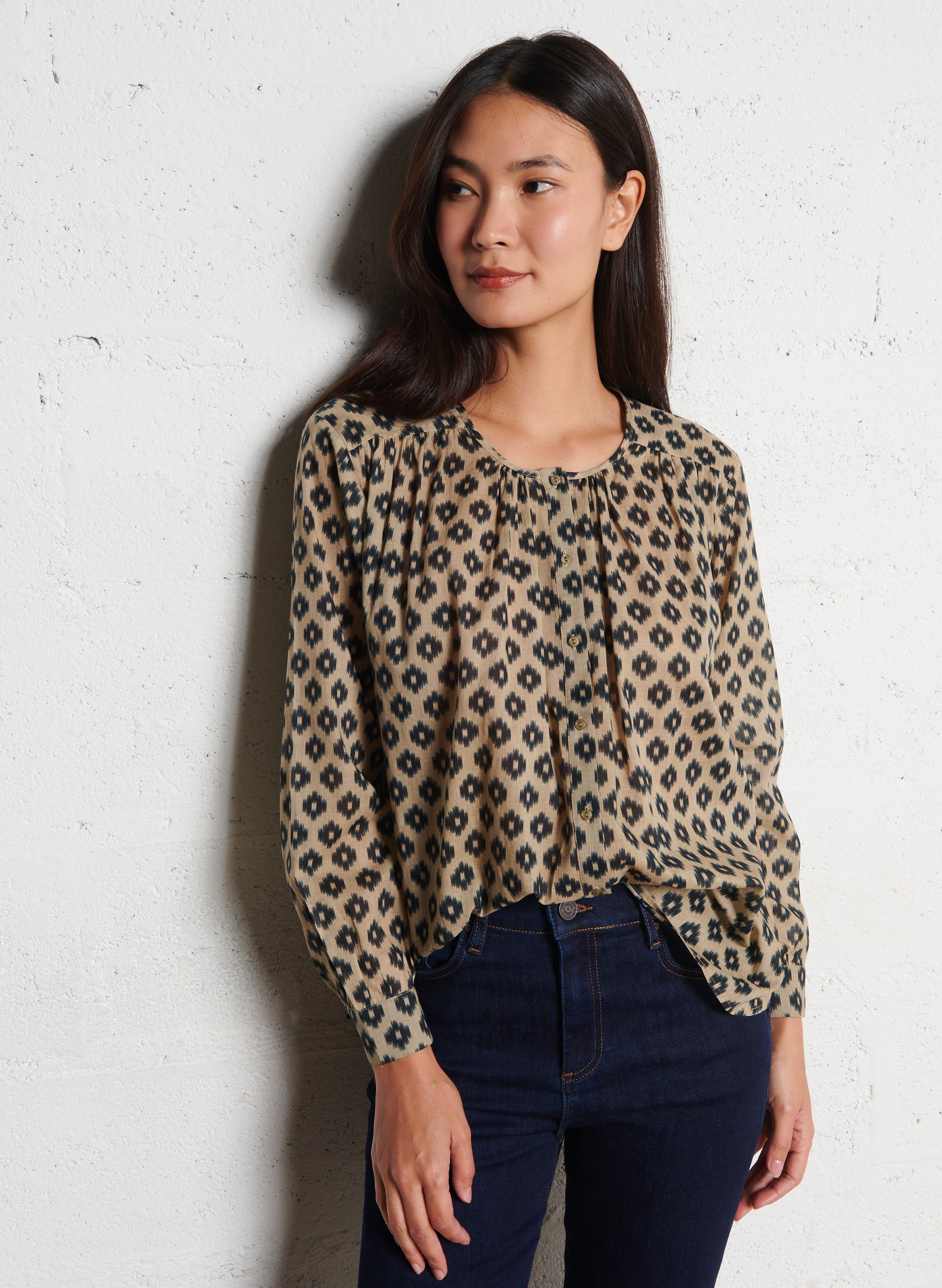 Chemisier col rond ample à motif SUD EXPRESS Beige