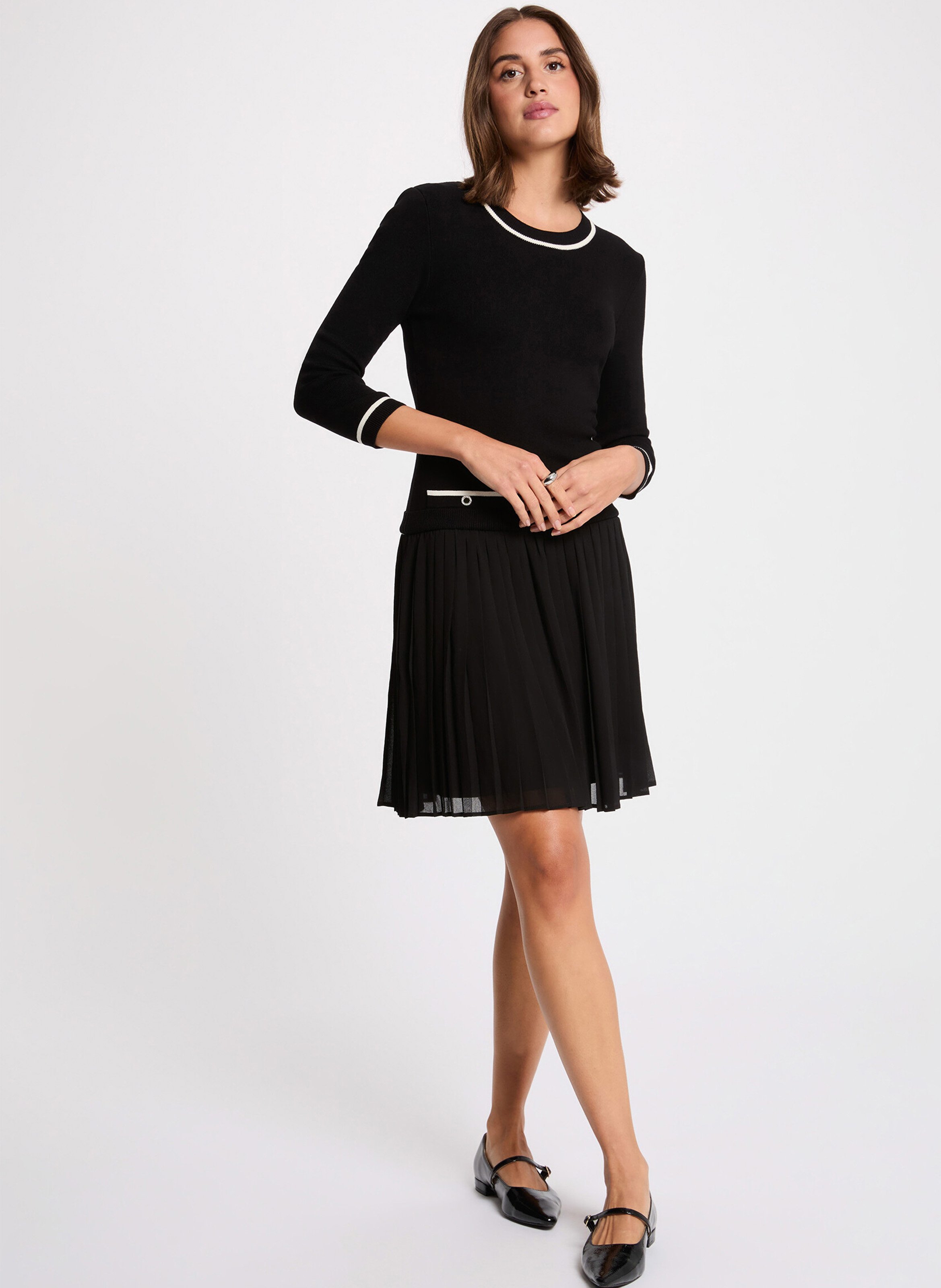 Short pleated straight dress 3/4 sleeves MORGAN Black