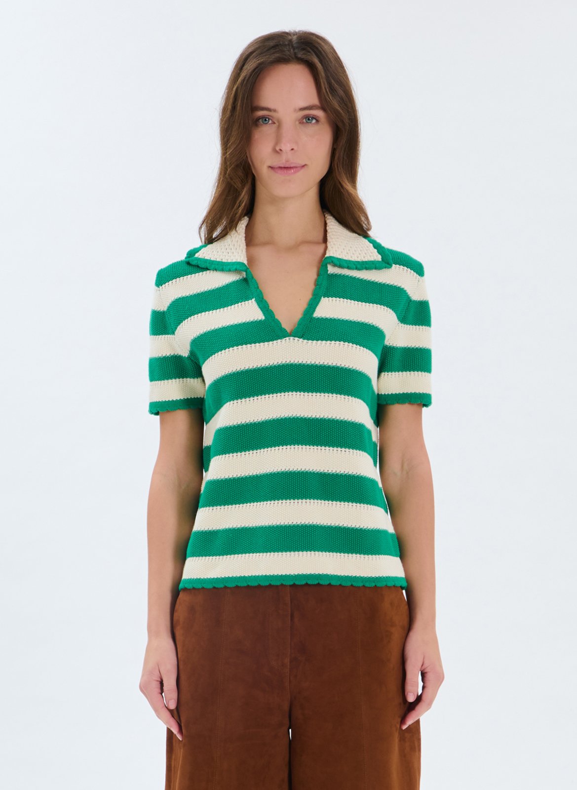 Striped short-sleeve polo neck sweater ZAPA Green